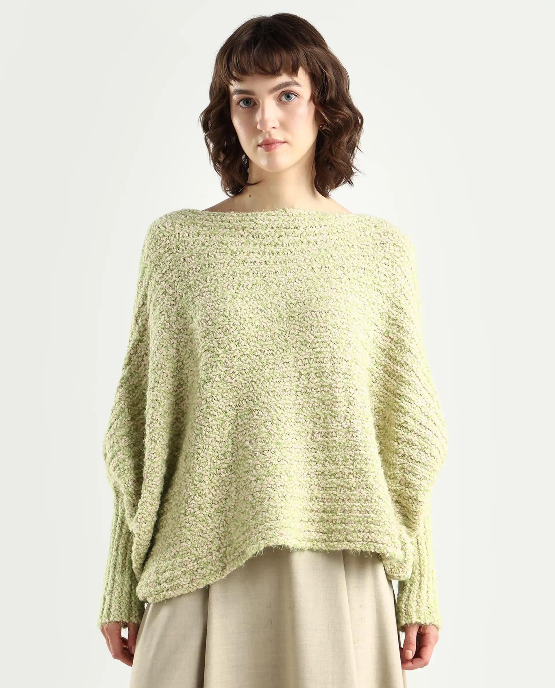 Rareism Women's Taro Dusky Green Polyester Off Shoulder Dyed Relaxed Fit Sweater