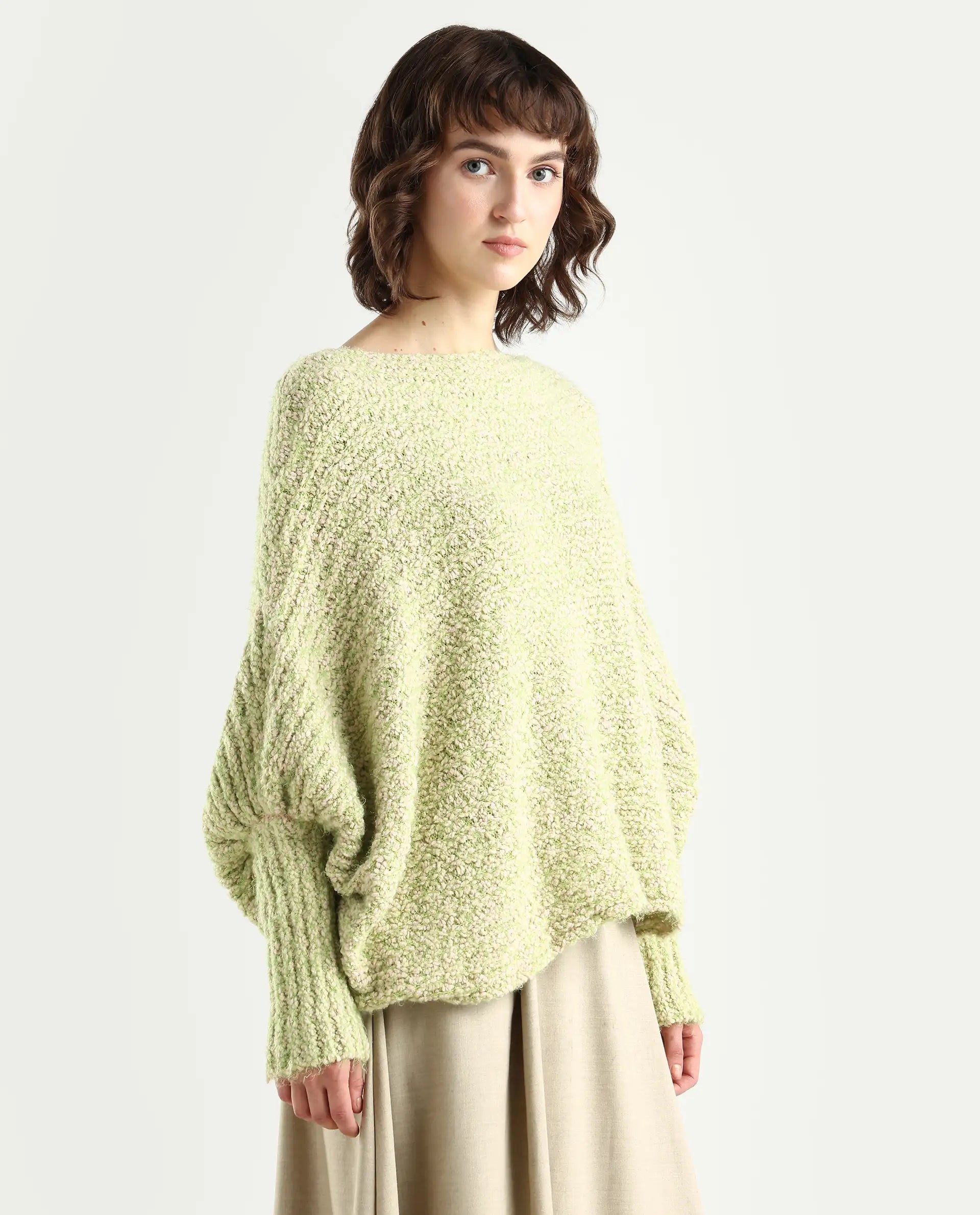 Rareism Women's Taro Dusky Green Polyester Off Shoulder Dyed Relaxed Fit Sweater