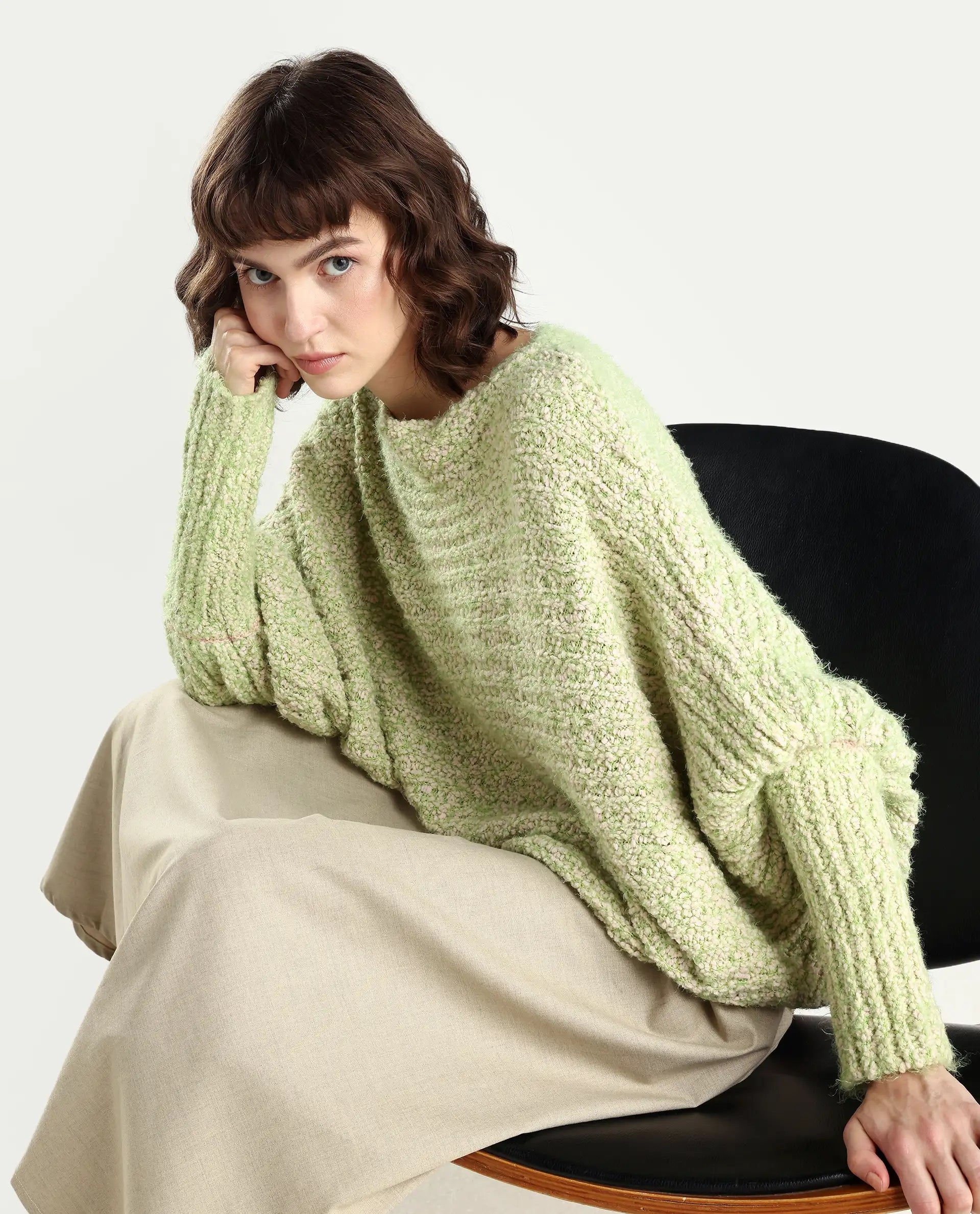 Rareism Women's Taro Dusky Green Polyester Off Shoulder Dyed Relaxed Fit Sweater