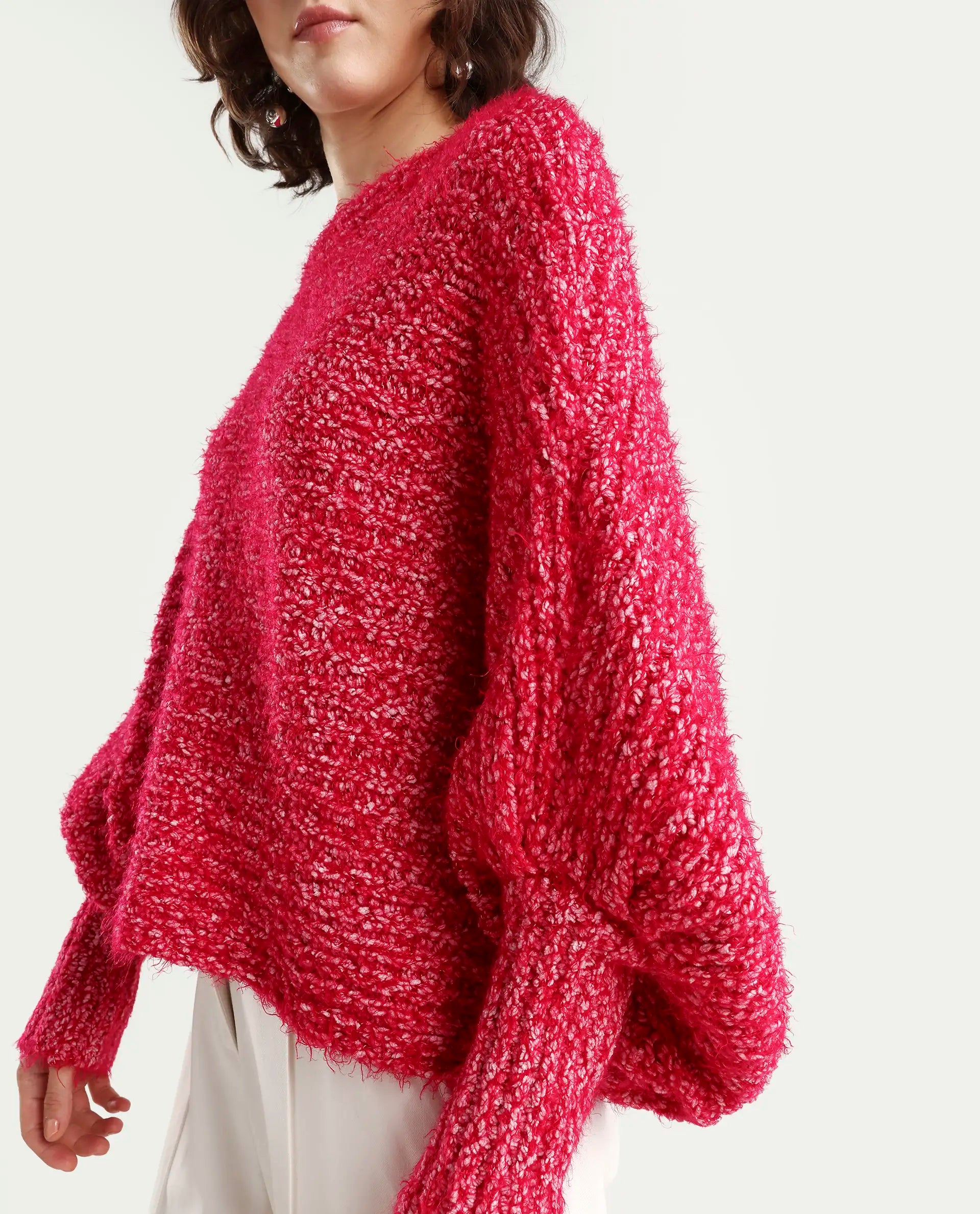Rareism Women's Taro Dark Red Polyester Off Shoulder Dyed Relaxed Fit Sweater