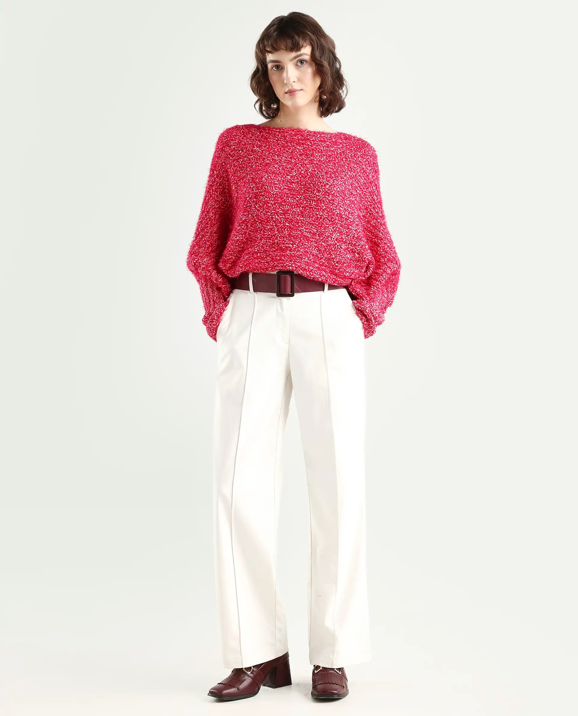 Rareism Women's Taro Dark Red Polyester Off Shoulder Dyed Relaxed Fit Sweater