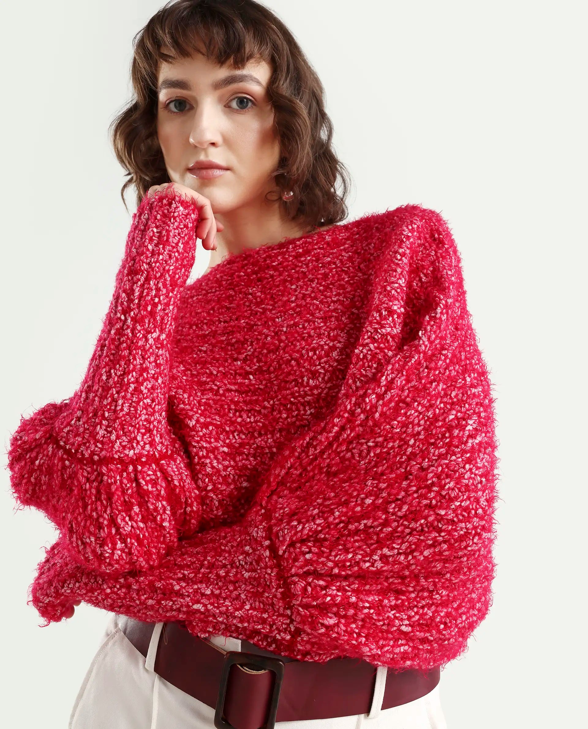Rareism Women's Taro Dark Red Polyester Off Shoulder Dyed Relaxed Fit Sweater