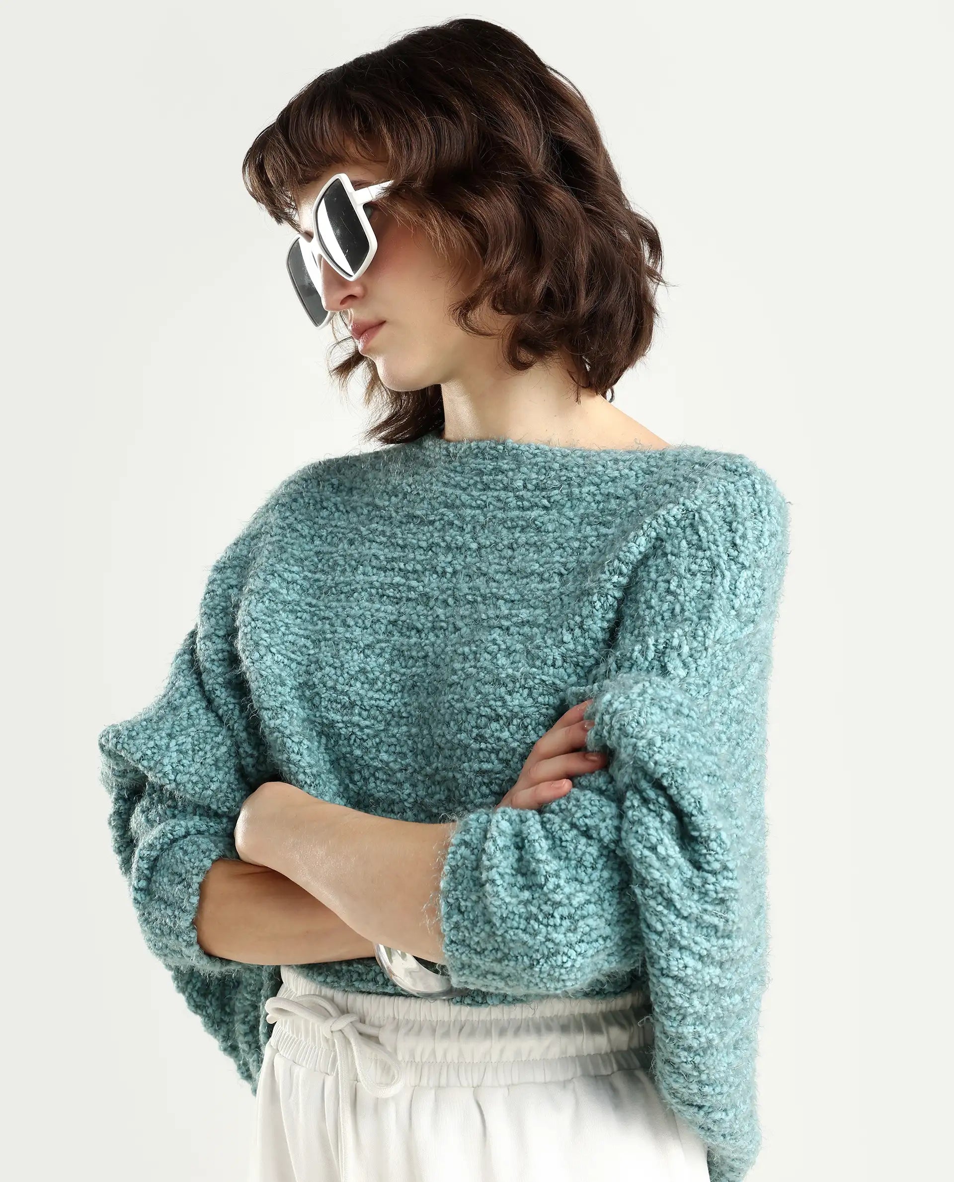 Rareism Women's Taro Teal Polyester Off Shoulder Plain Relaxed Fit Sweater