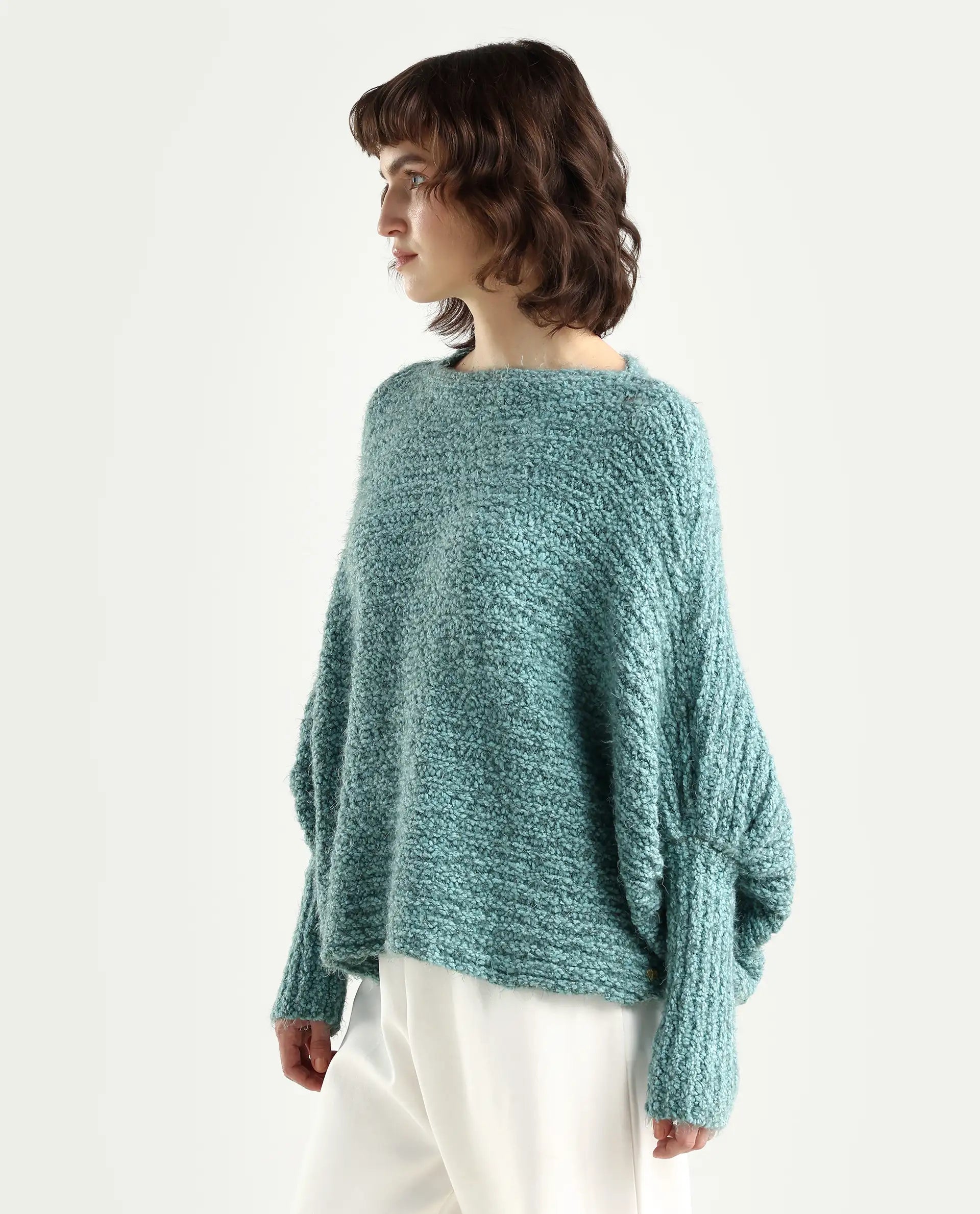 Rareism Women's Taro Teal Polyester Off Shoulder Plain Relaxed Fit Sweater