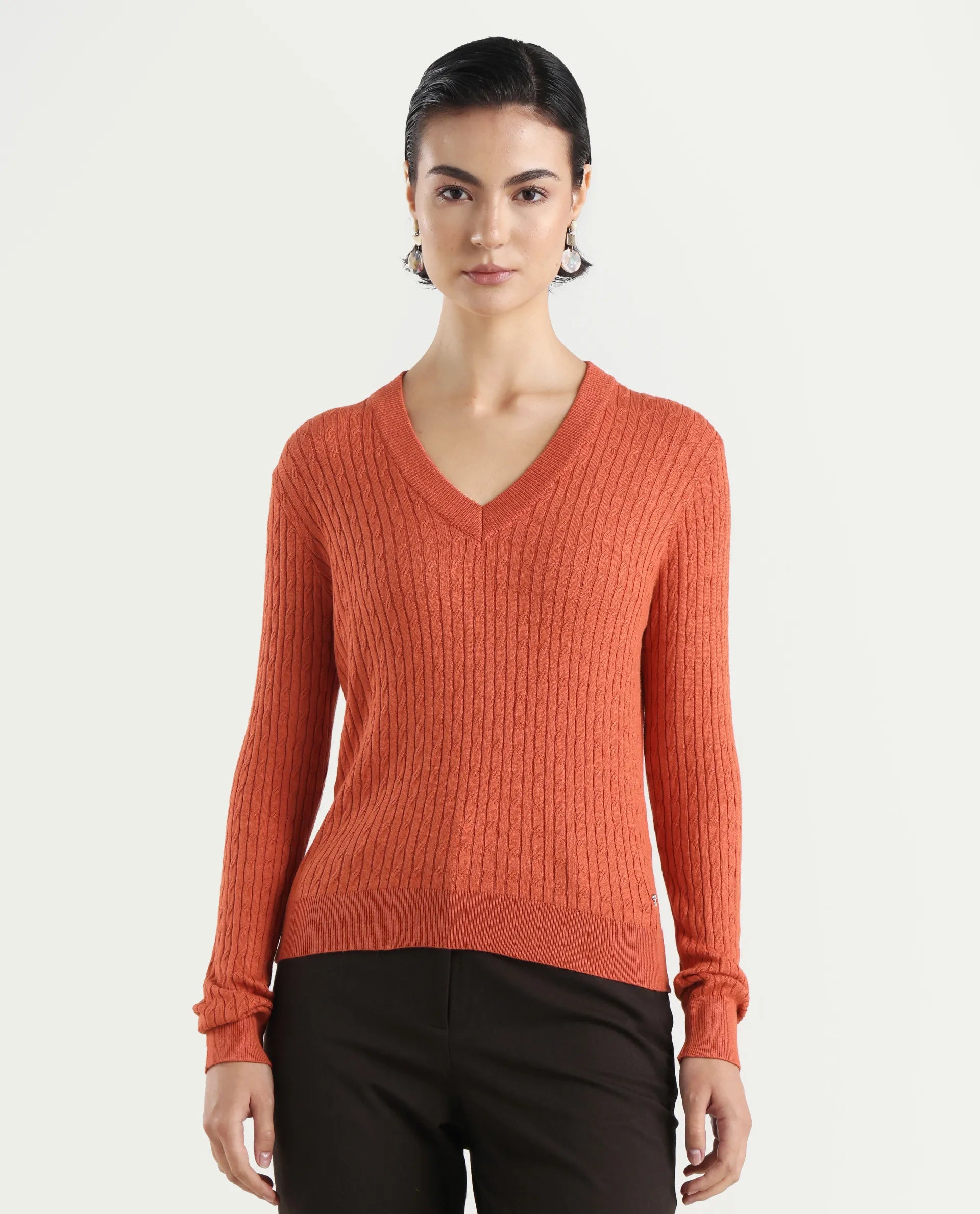 Rareism Women's Izmit Orange Viscose V-Neck Plain Regular Fit Top