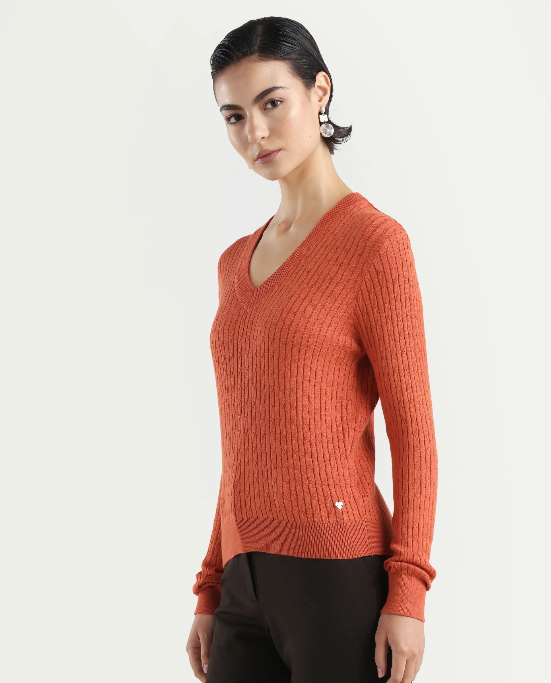 Rareism Women's Izmit Orange Viscose V-Neck Plain Regular Fit Top