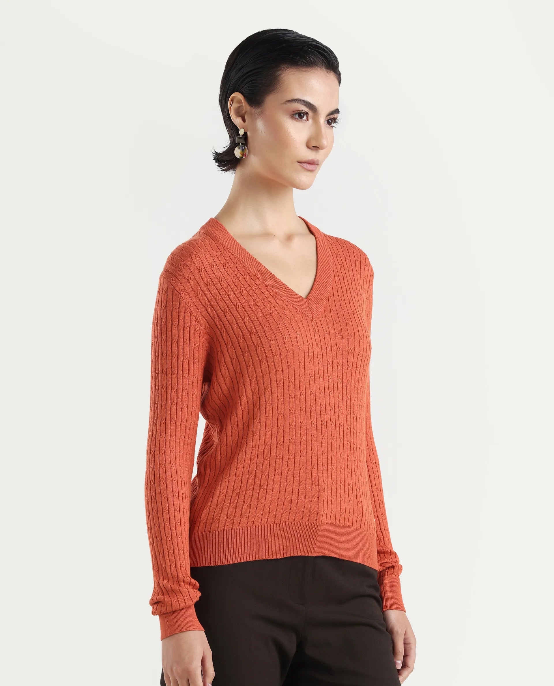 Rareism Women's Izmit Orange Viscose V-Neck Plain Regular Fit Top