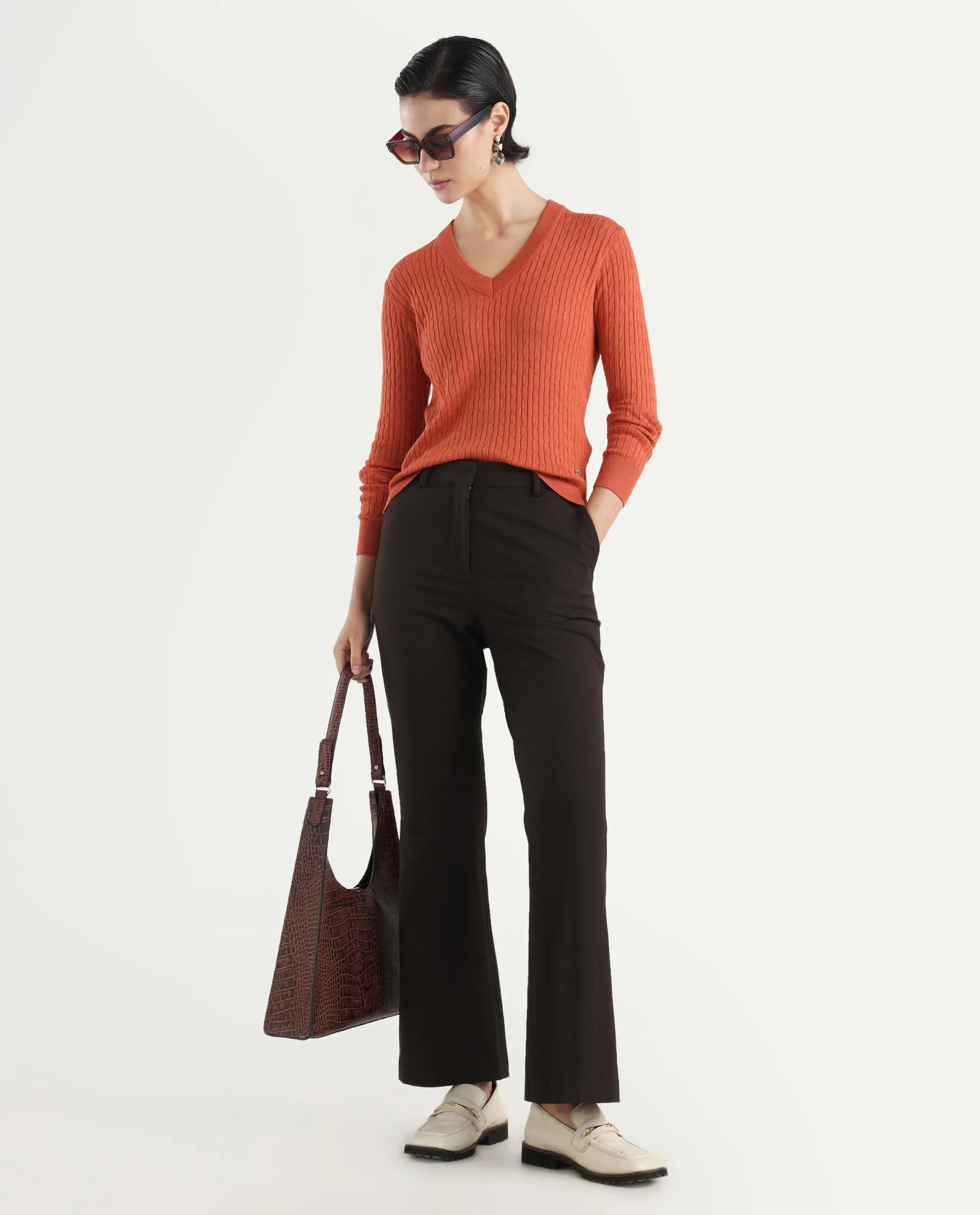 Rareism Women's Izmit Orange Viscose V-Neck Plain Regular Fit Top