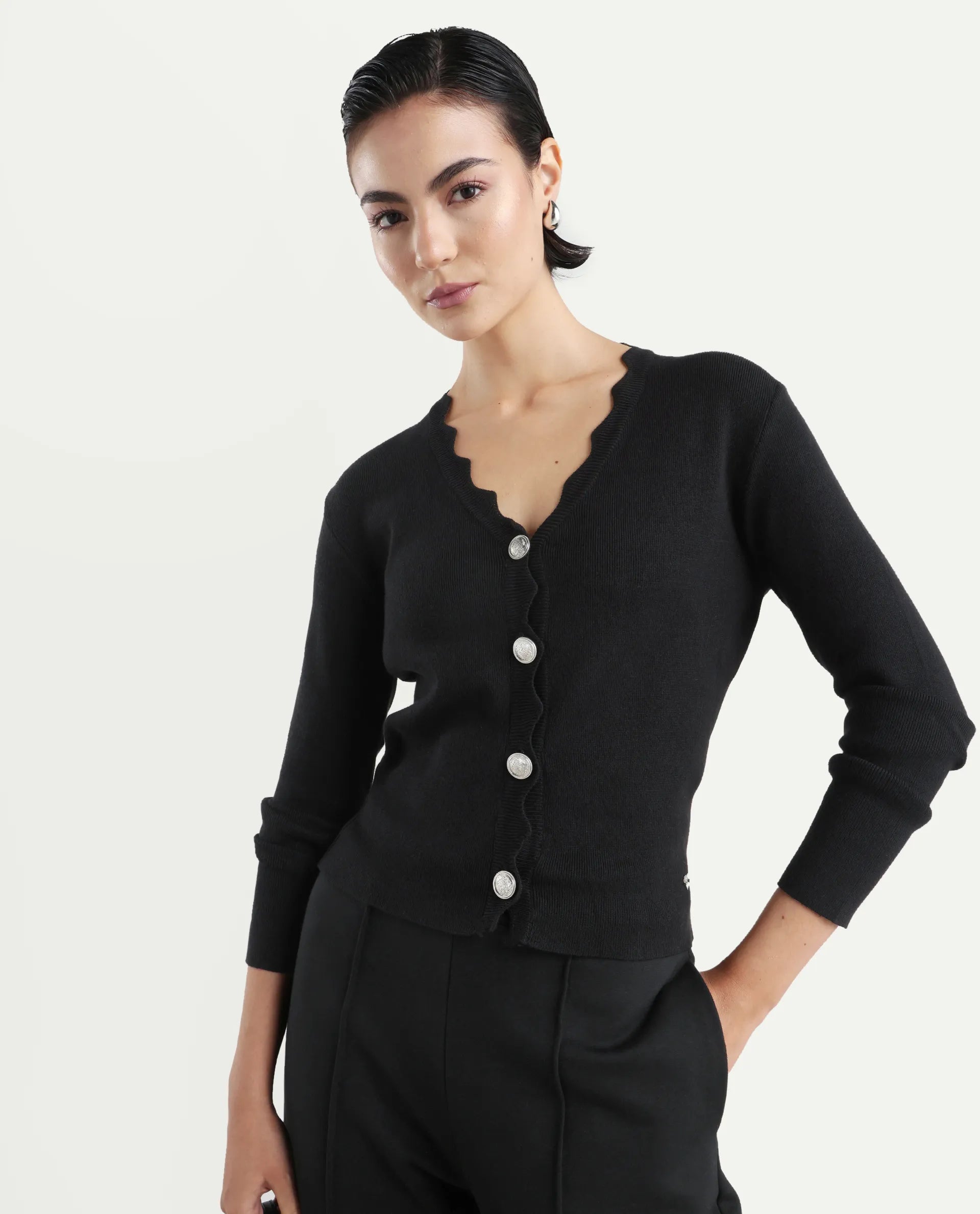 Rareism Women's Pendik Black V-Neck Plain Regular Fitted Top