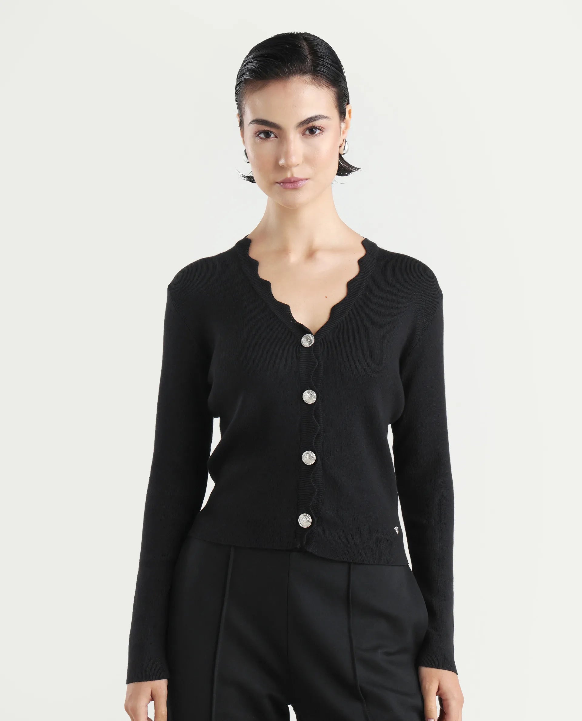 Rareism Women's Pendik Black V-Neck Plain Regular Fitted Top