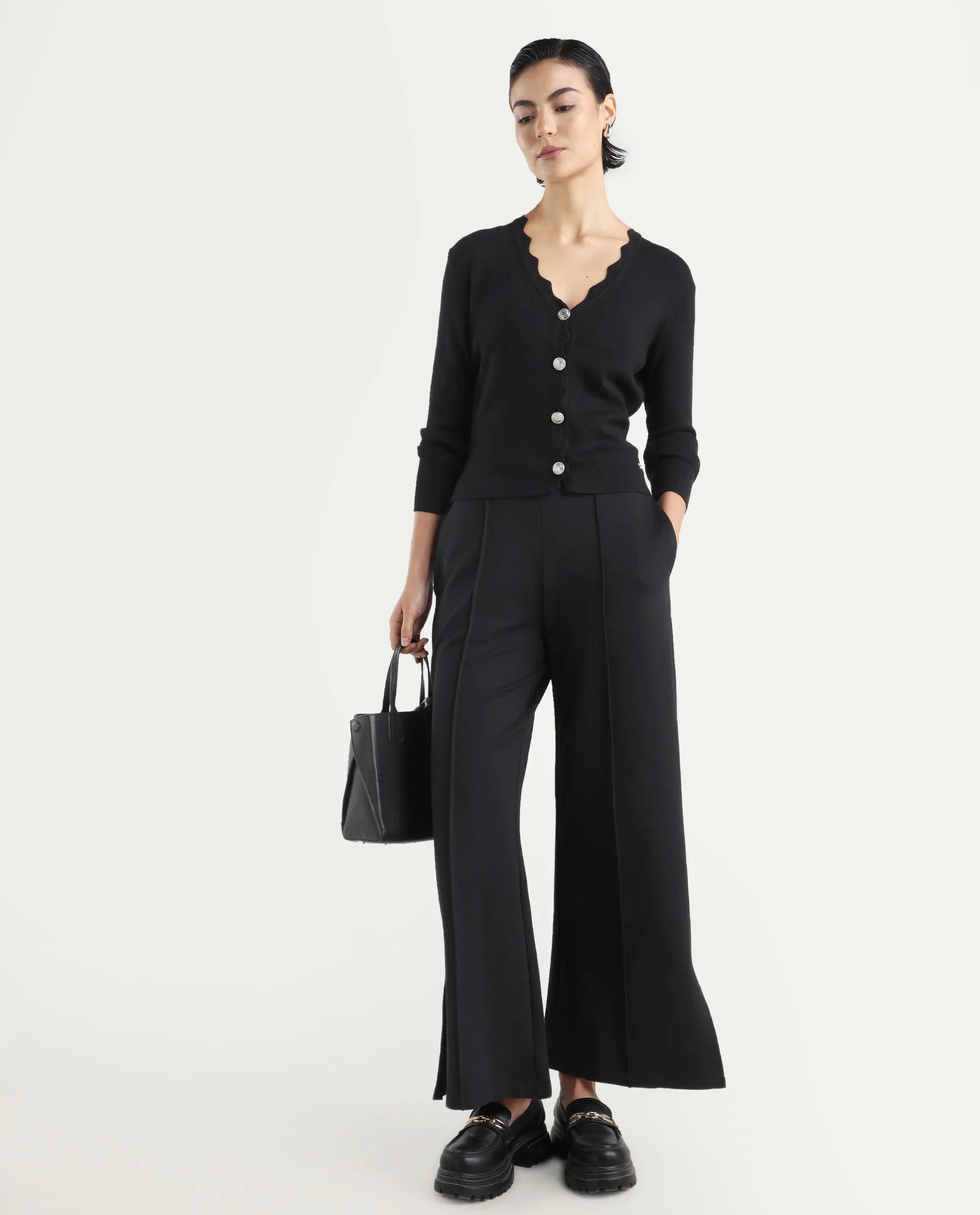 Rareism Women's Pendik Black V-Neck Plain Regular Fitted Top