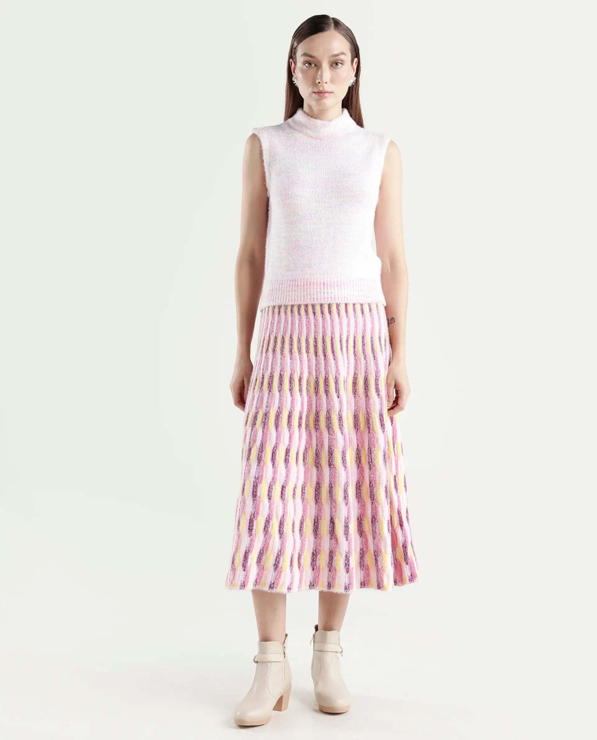 Rareism Women's Shenpa B Multi Nylon Geometric Print Midi Flared Skirt