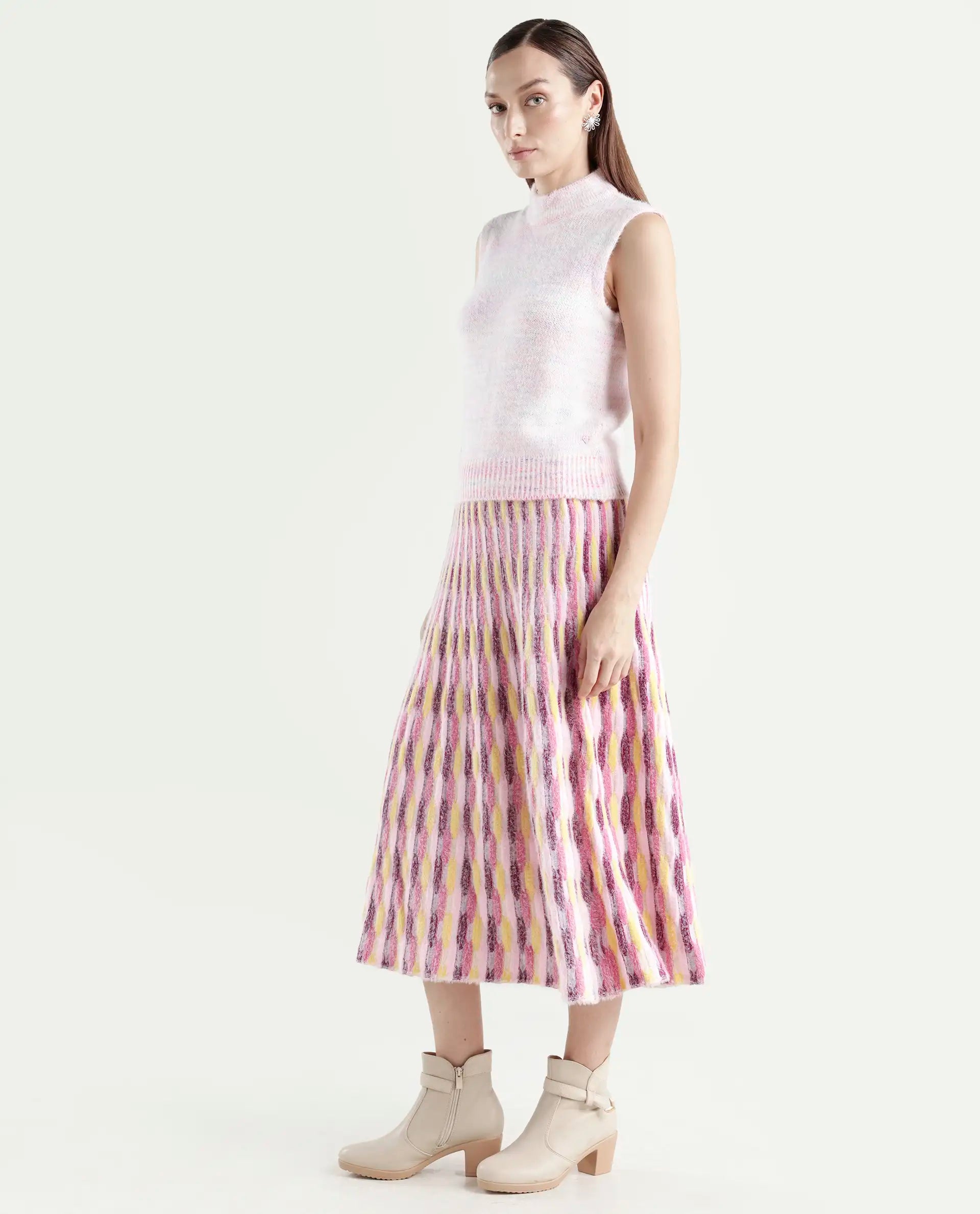 Rareism Women's Shenpa B Multi Nylon Geometric Print Midi Flared Skirt