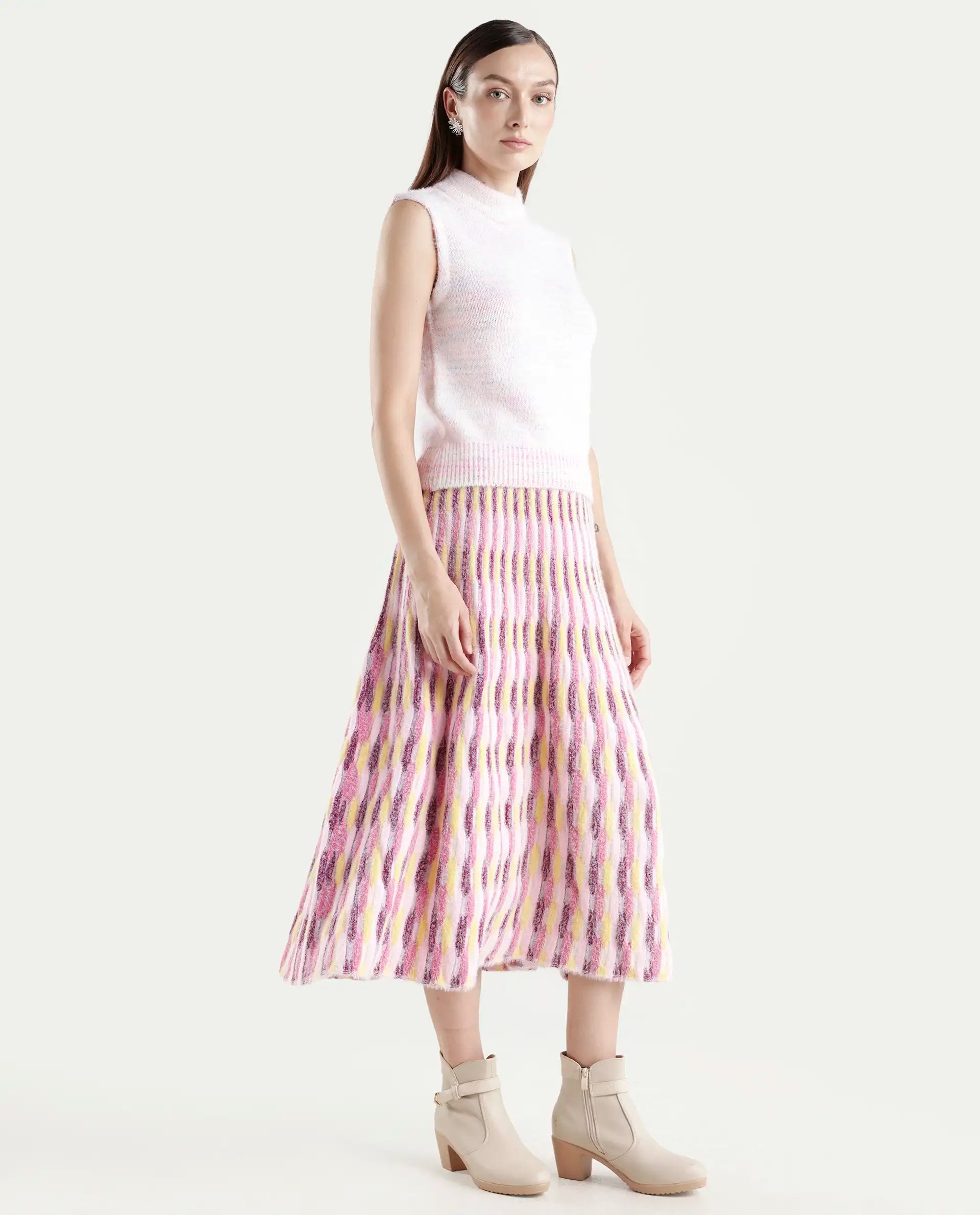 Rareism Women's Shenpa B Multi Nylon Geometric Print Midi Flared Skirt