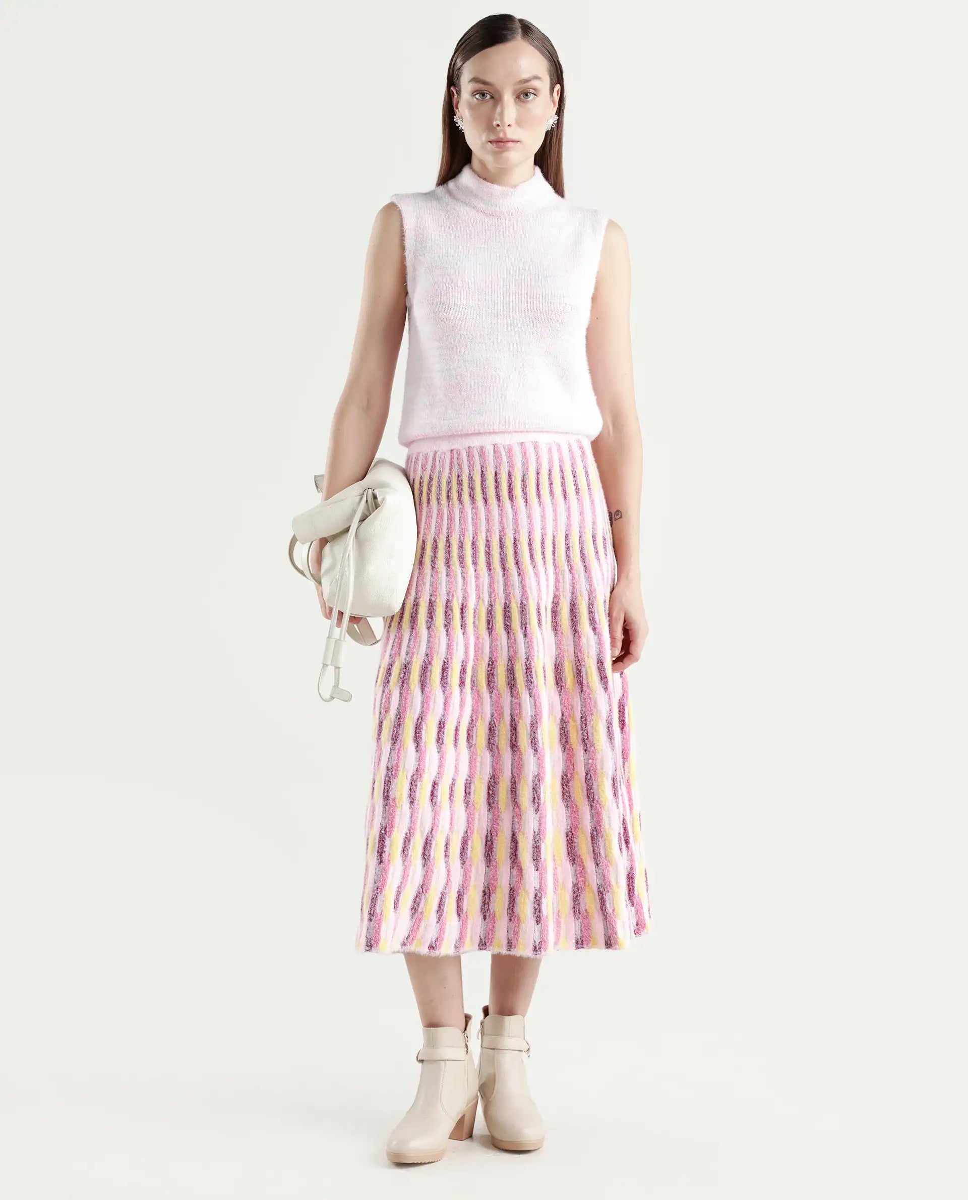 Rareism Women's Shenpa B Multi Nylon Geometric Print Midi Flared Skirt