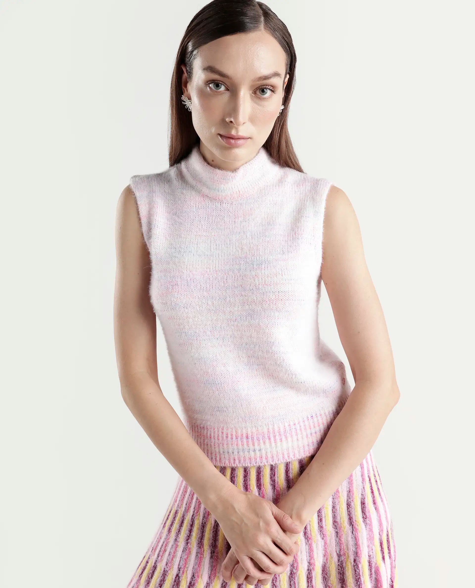 Rareism Women's Shenpa T Multi Nylon High Neck Ombre Sleeveless Regular Fit Top