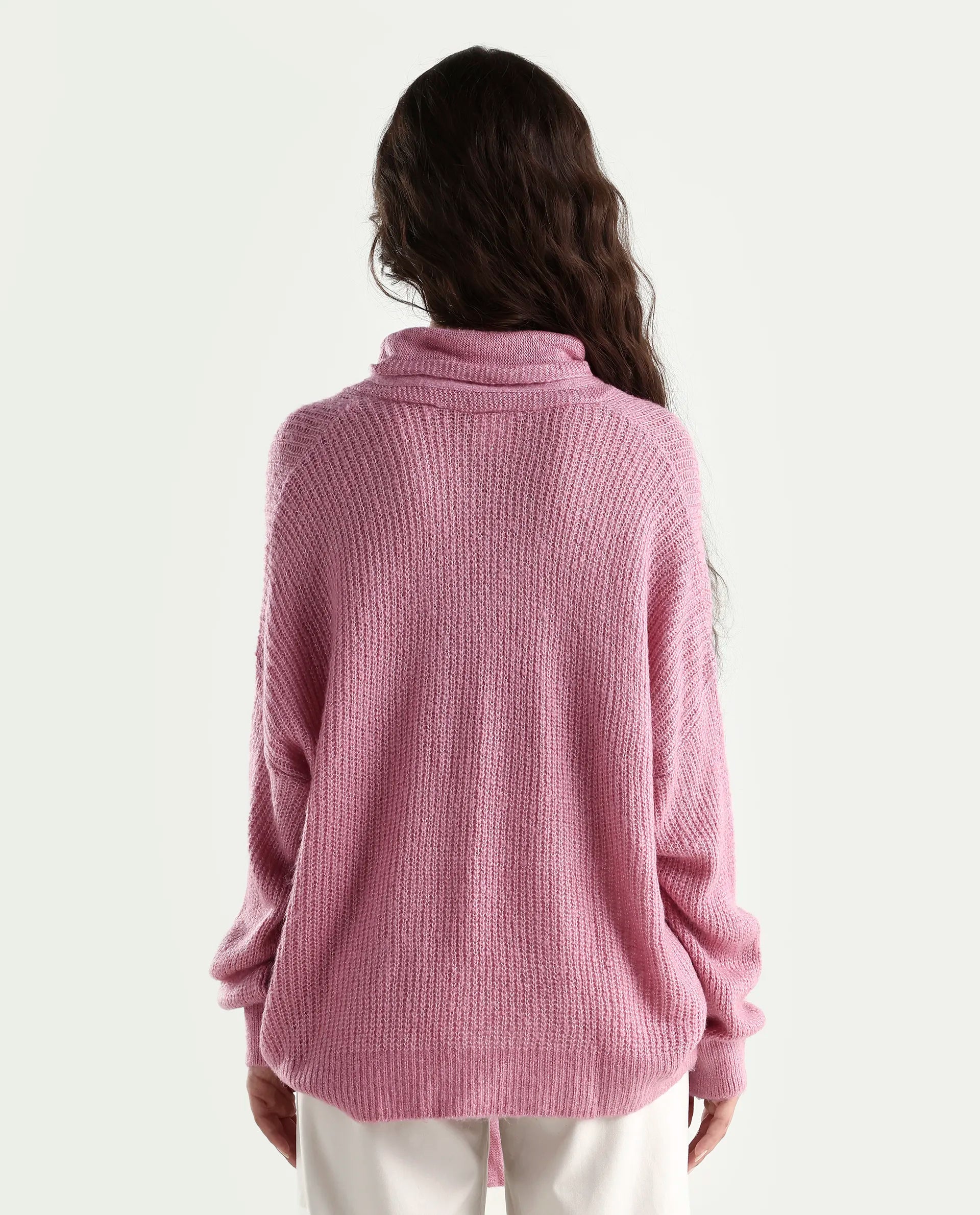 Rareism Women's Buzz Light Pink Acrylic Tie-Up Neck Plain Relaxed Fit Sweater