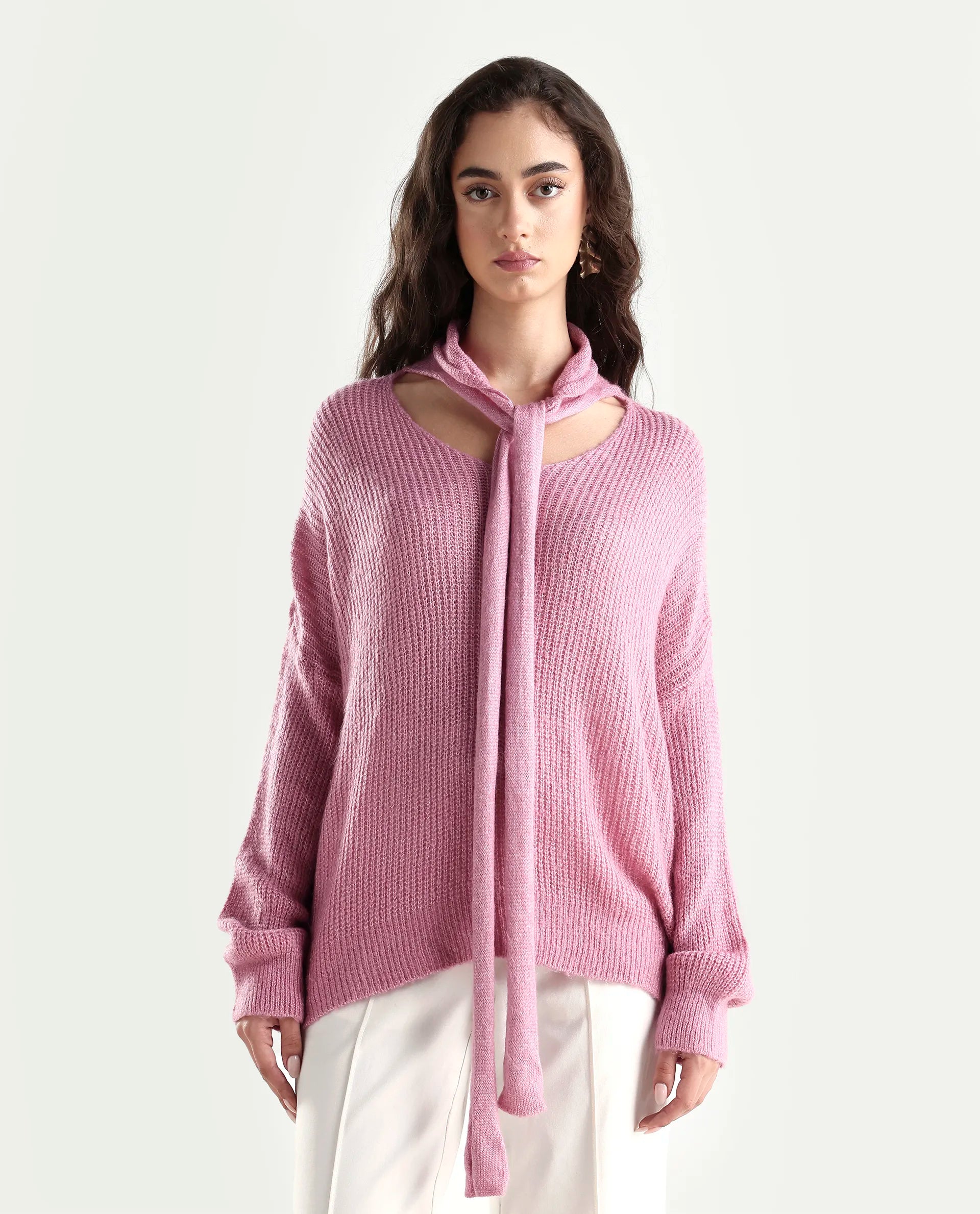 Rareism Women's Buzz Light Pink Acrylic Tie-Up Neck Plain Relaxed Fit Sweater