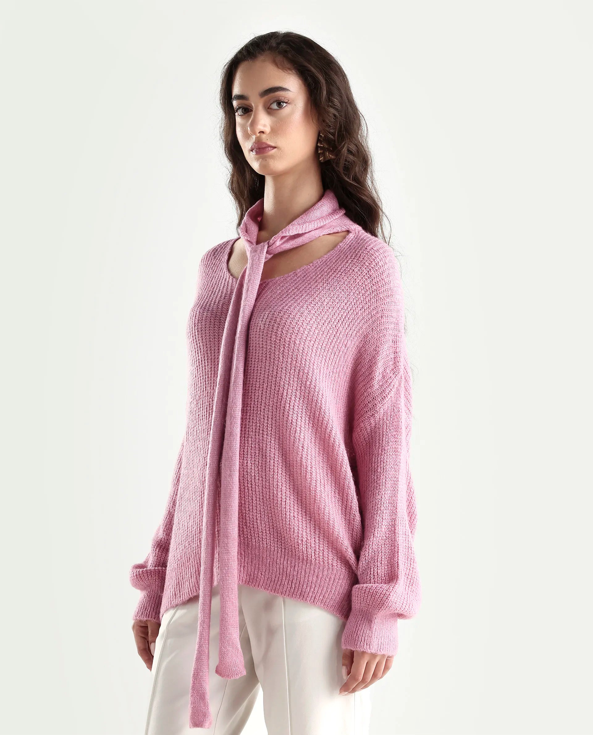 Rareism Women's Buzz Light Pink Acrylic Tie-Up Neck Plain Relaxed Fit Sweater