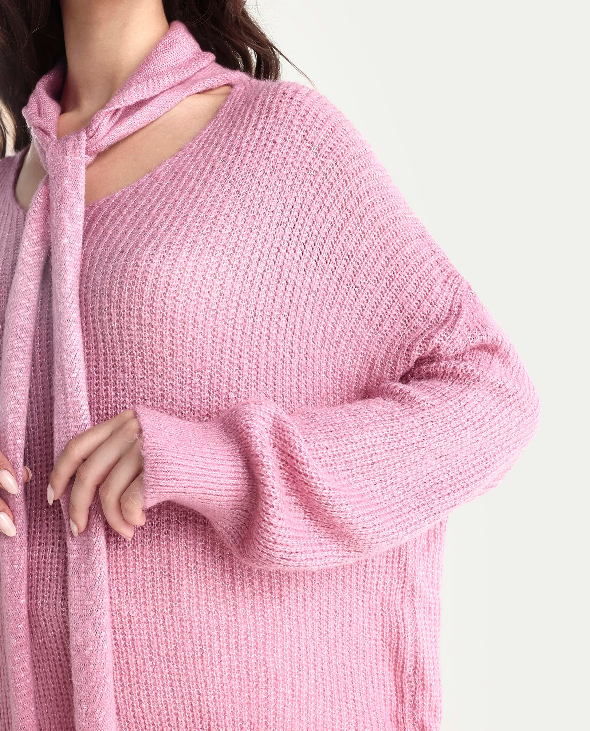 Rareism Women's Buzz Light Pink Acrylic Tie-Up Neck Plain Relaxed Fit Sweater
