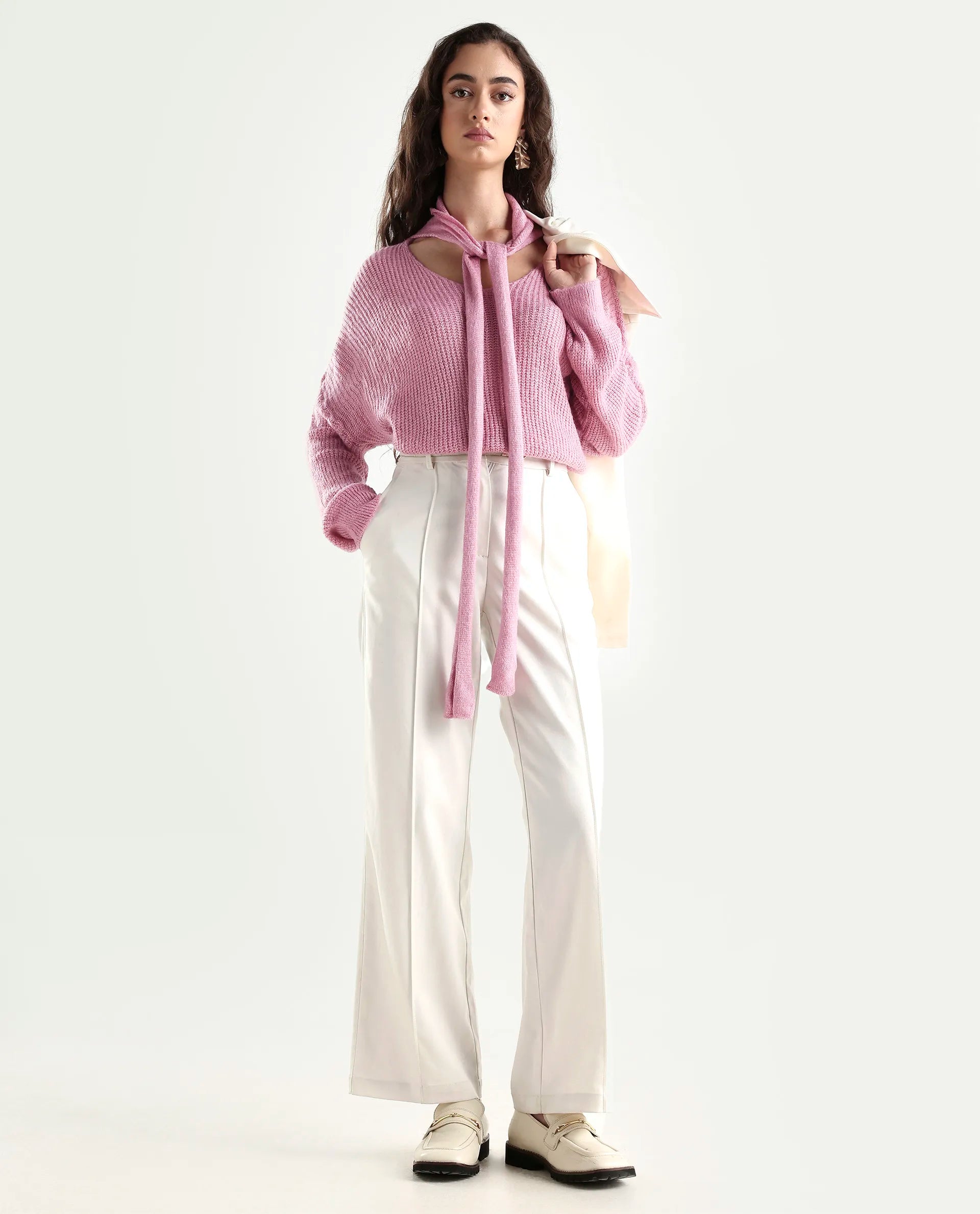 Rareism Women's Buzz Light Pink Acrylic Tie-Up Neck Plain Relaxed Fit Sweater