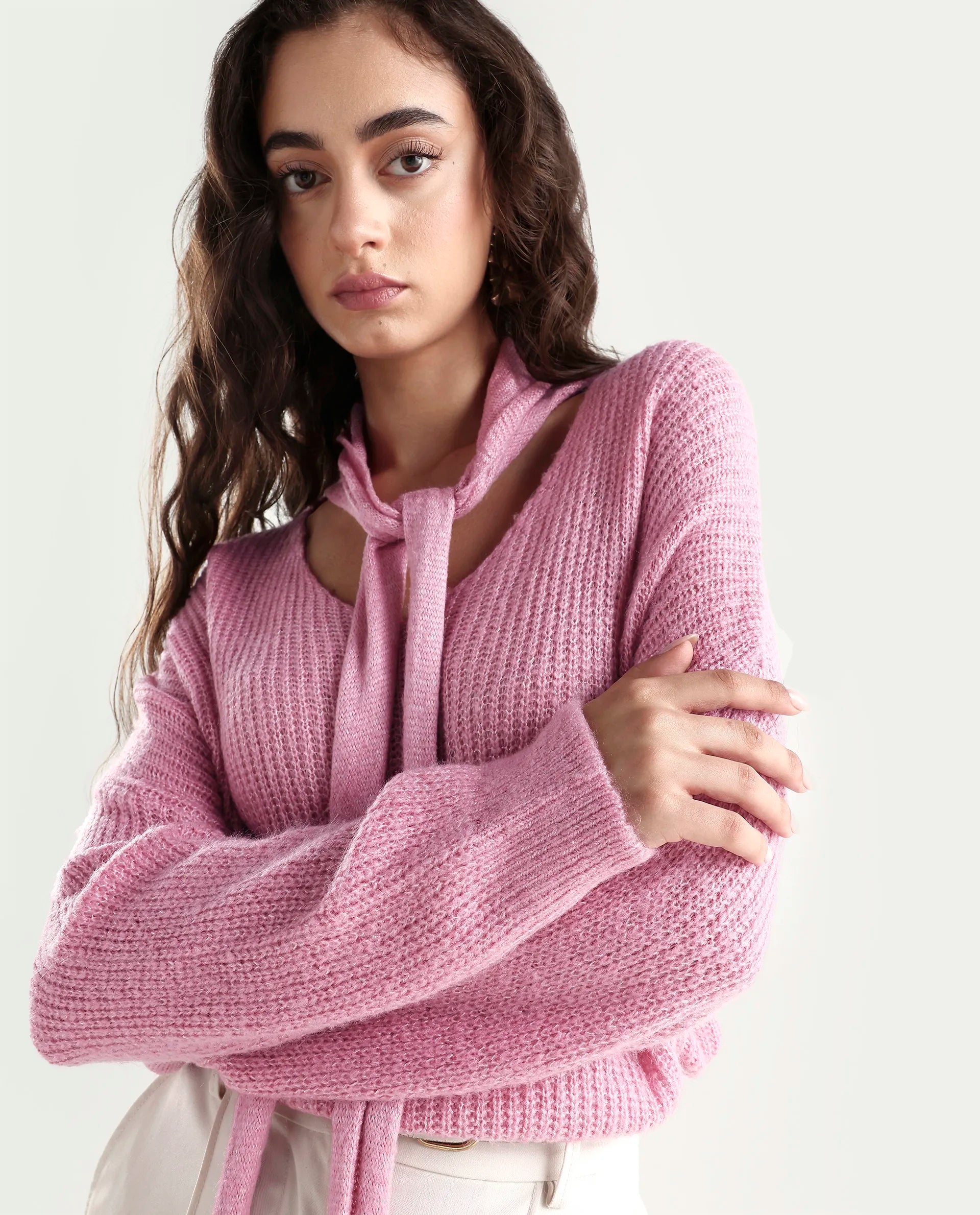 Rareism Women's Buzz Light Pink Acrylic Tie-Up Neck Plain Relaxed Fit Sweater