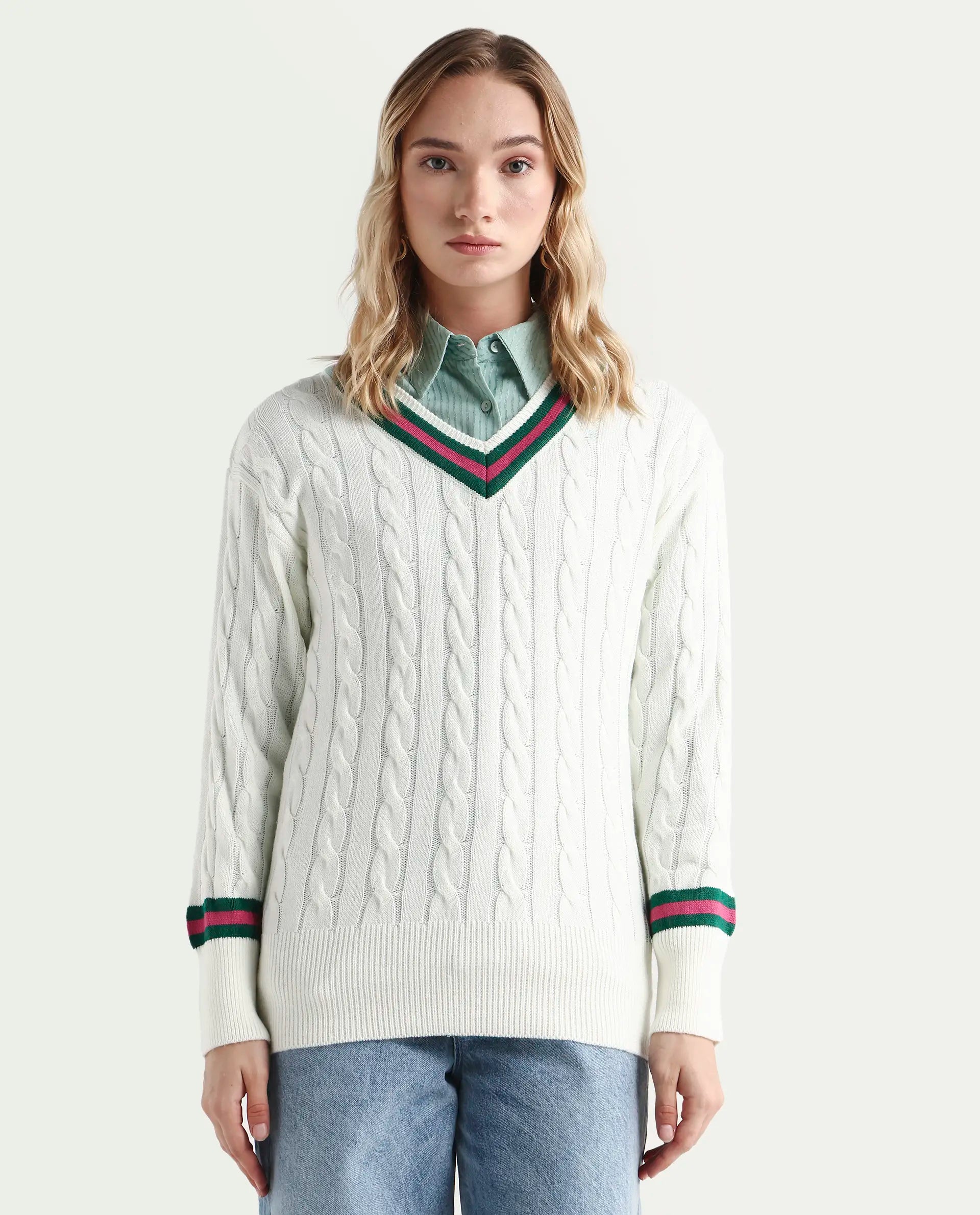 Rareism Women's Simaya Off White Acrylic V-Neck Plain Regular Fit Sweater