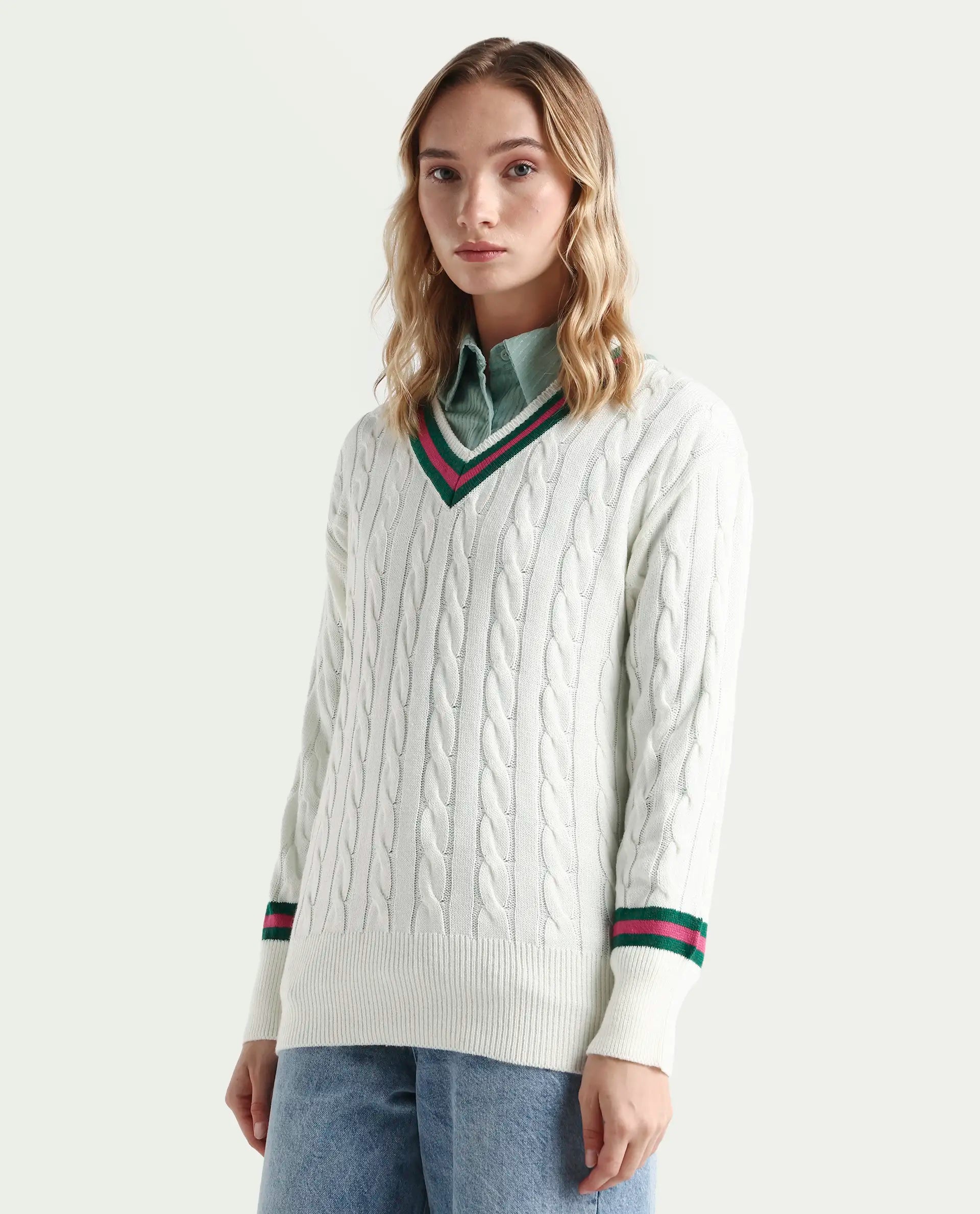 Rareism Women's Simaya Off White Acrylic V-Neck Plain Regular Fit Sweater
