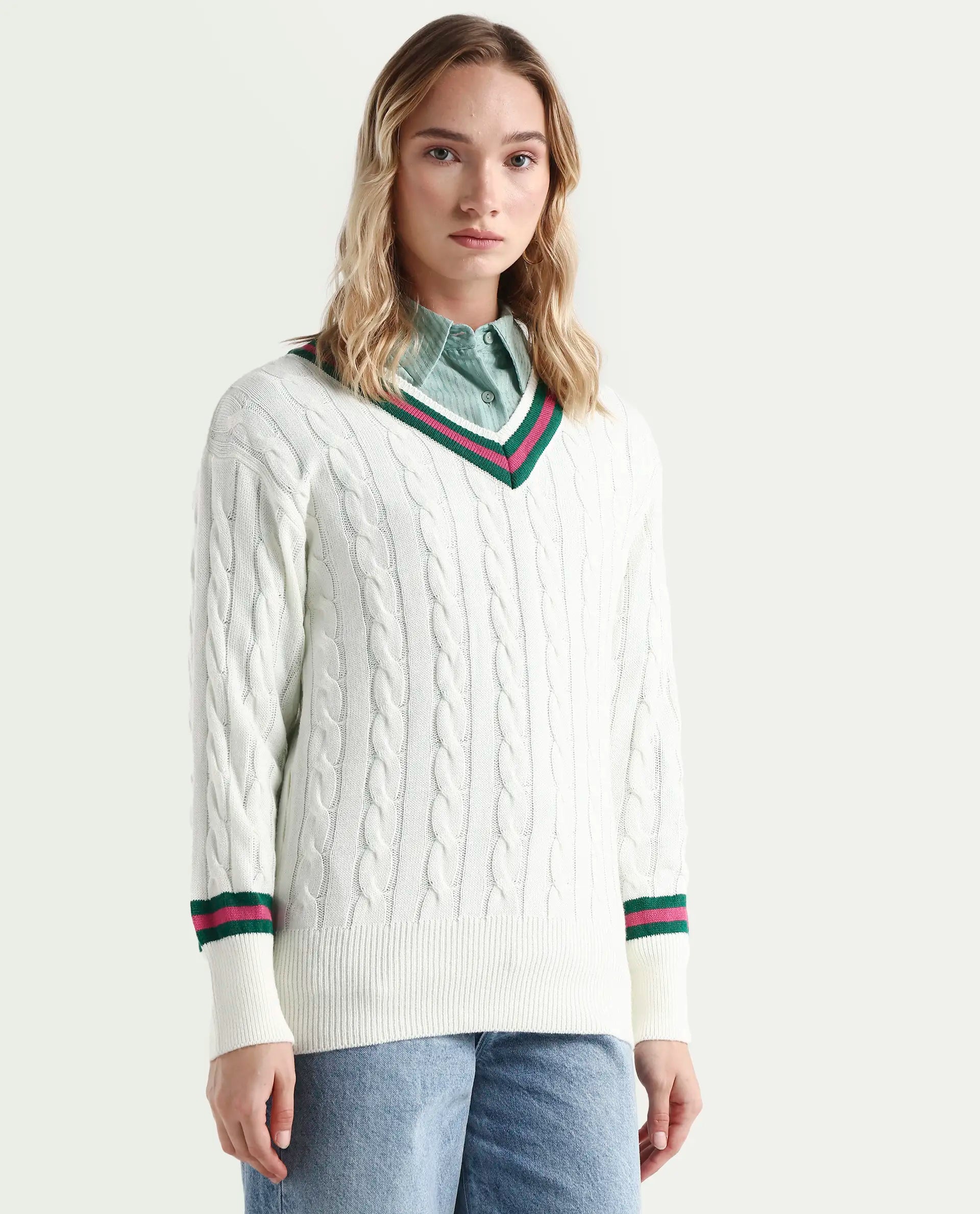 Rareism Women's Simaya Off White Acrylic V-Neck Plain Regular Fit Sweater