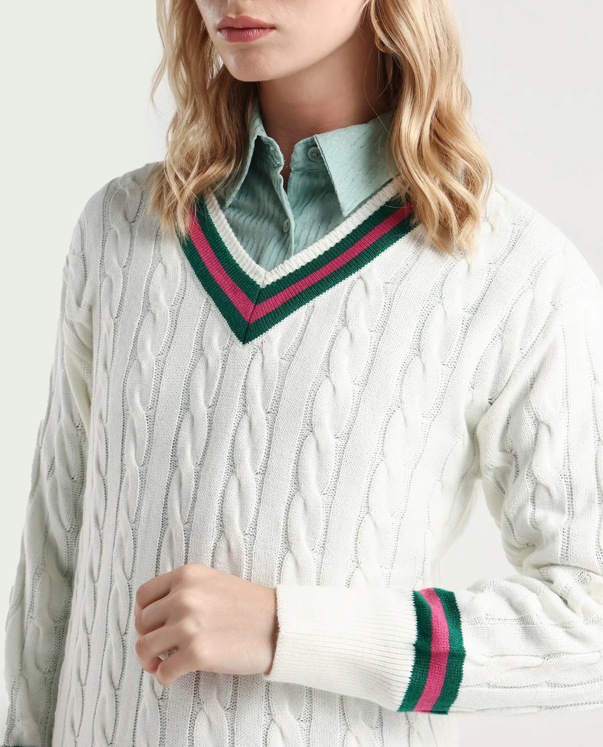 Rareism Women's Simaya Off White Acrylic V-Neck Plain Regular Fit Sweater