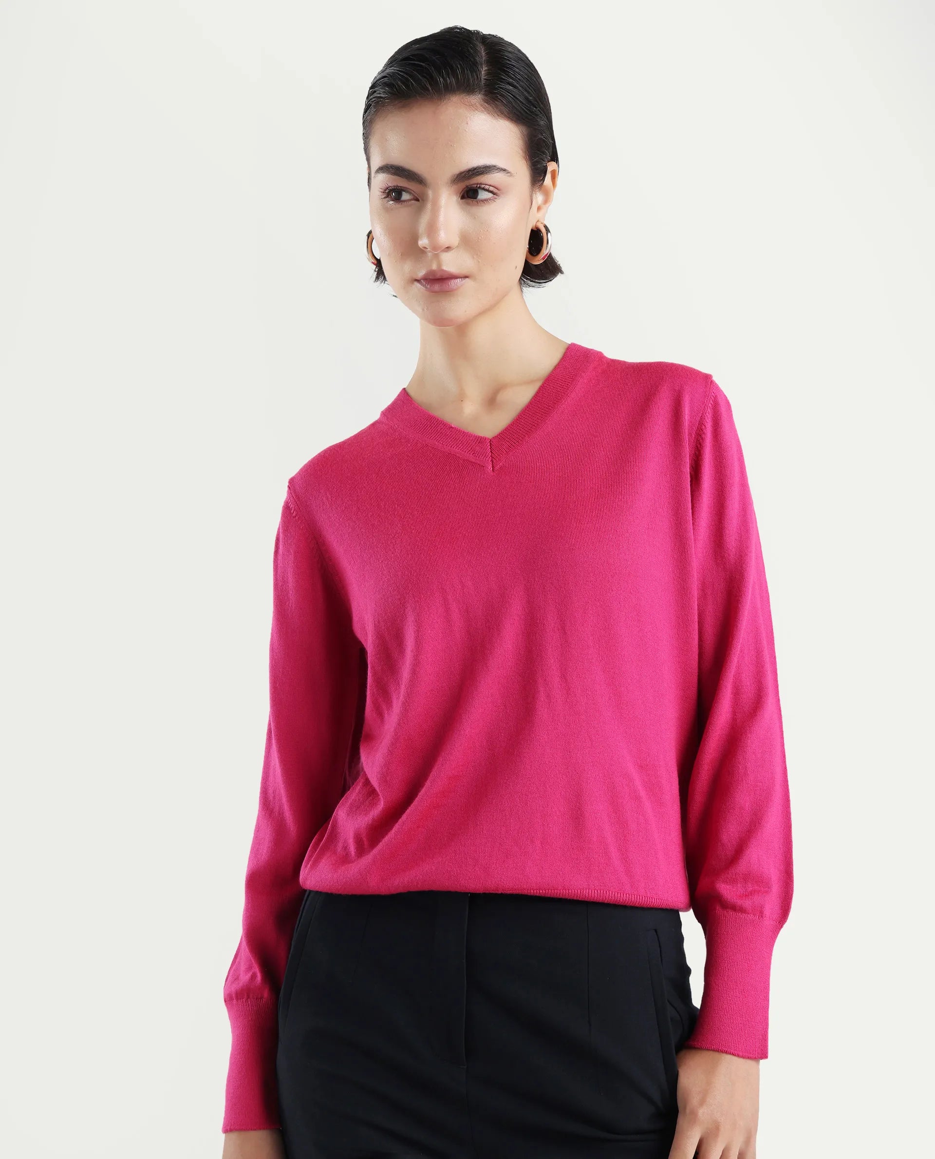 Rareism Women's Usak Dark Multi Acrylic V-Neck Plain Regular Fitted Sweater