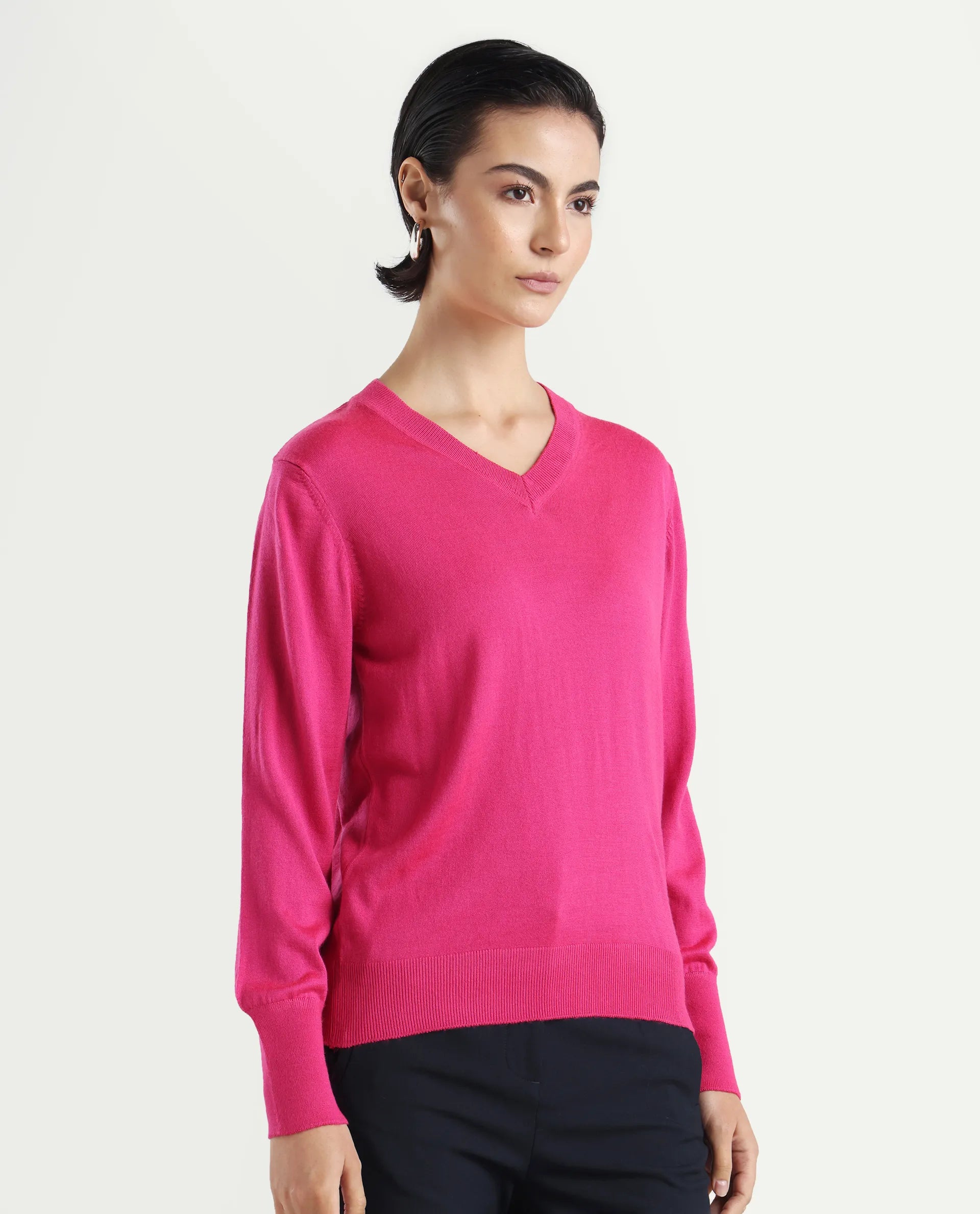 Rareism Women's Usak Dark Multi Acrylic V-Neck Plain Regular Fitted Sweater