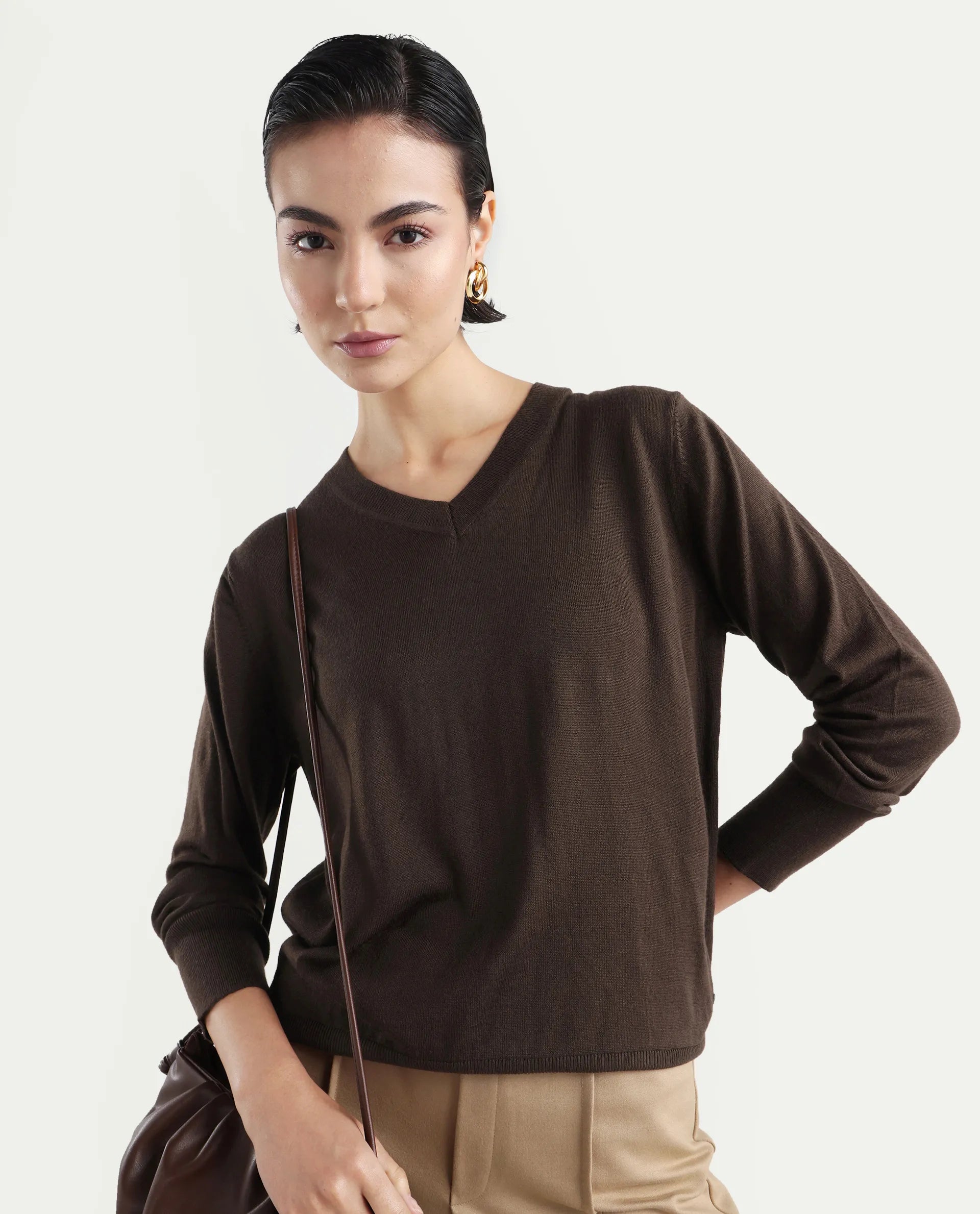 Rareism Women's Usak Brown Acrylic V-Neck Plain Regular Fitted Sweater