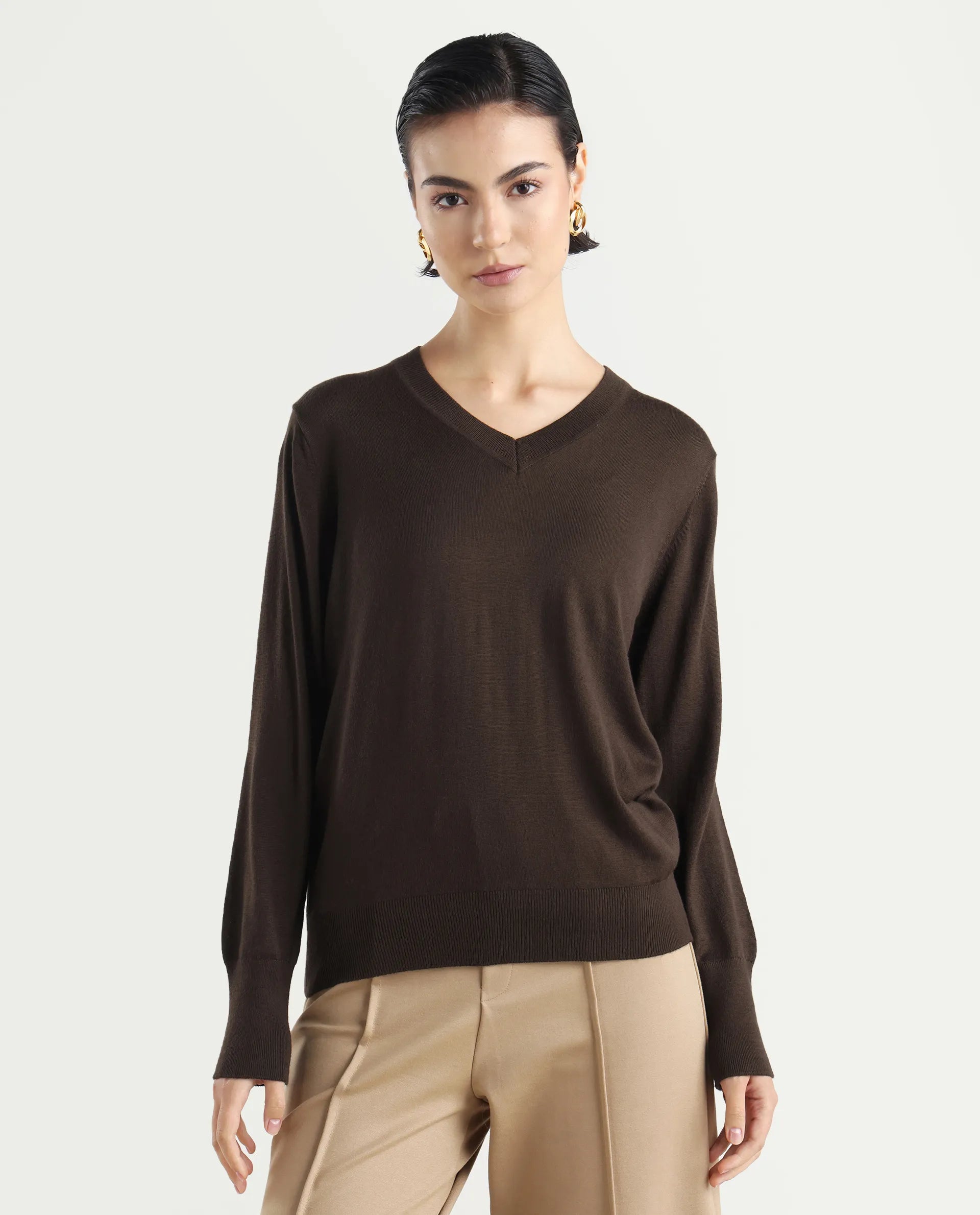 Rareism Women's Usak Brown Acrylic V-Neck Plain Regular Fitted Sweater