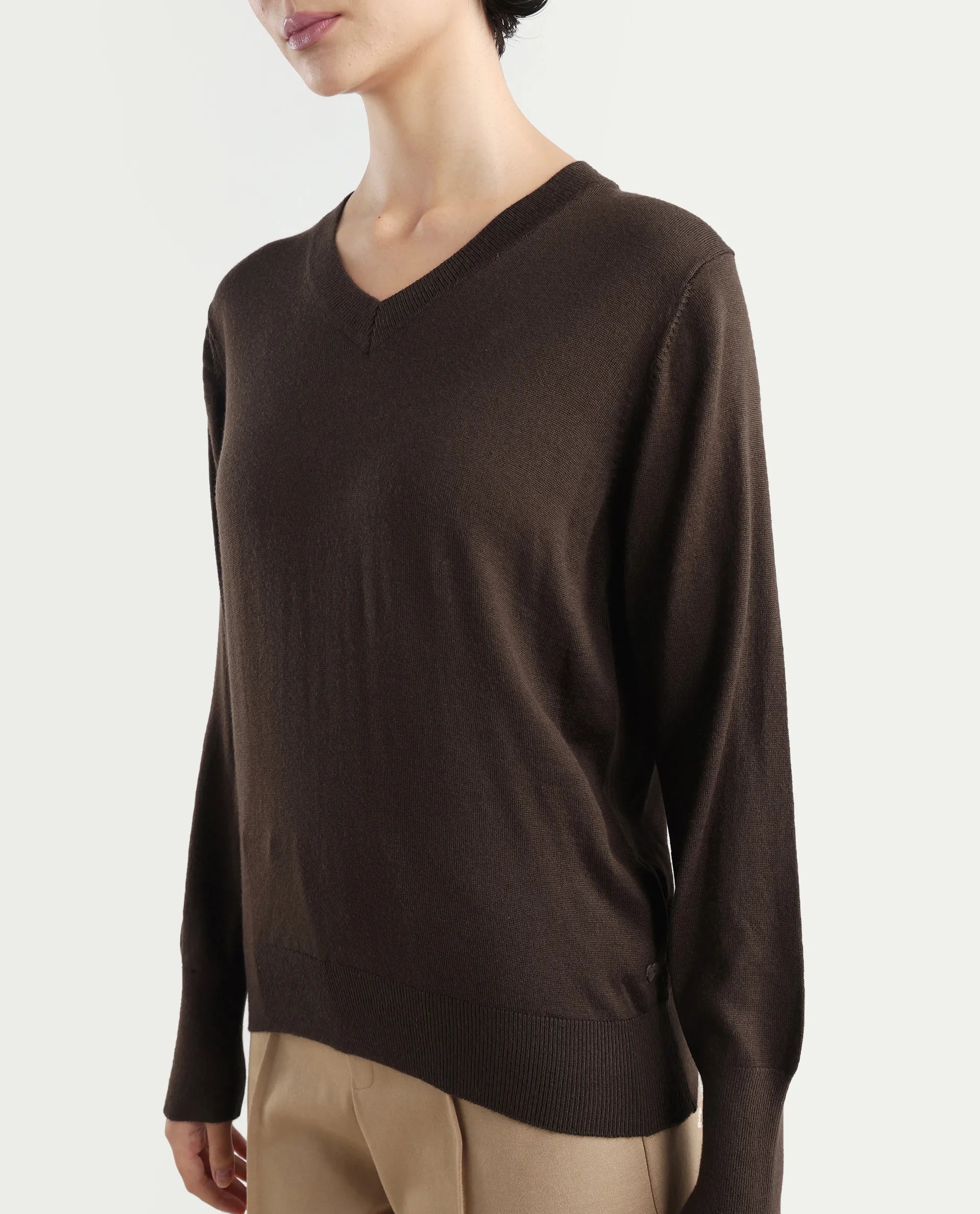 Rareism Women's Usak Brown Acrylic V-Neck Plain Regular Fitted Sweater
