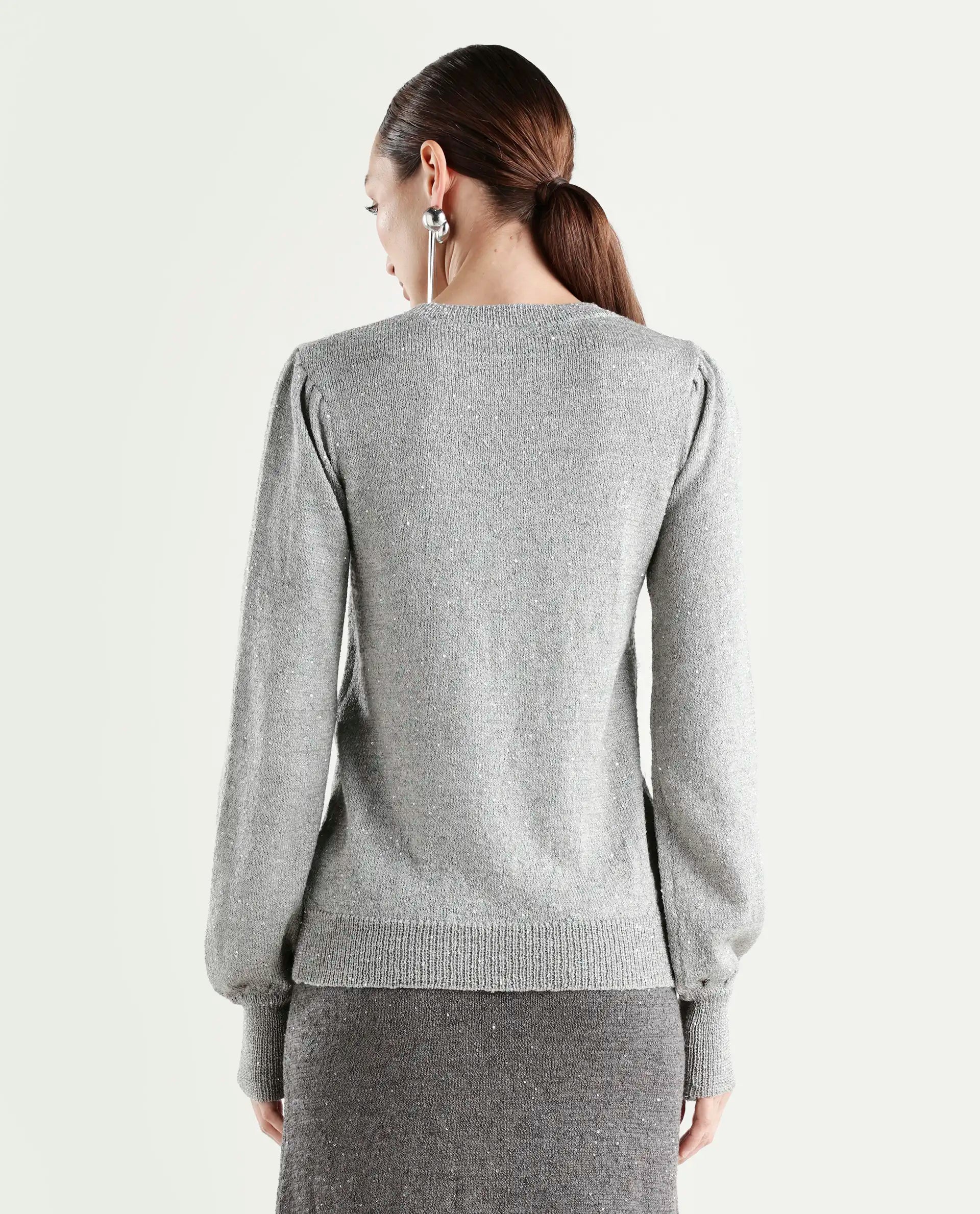 Rareism Women's Adiyaman T Grey Polyester Crew Neck Plain Regular Fit Sweater