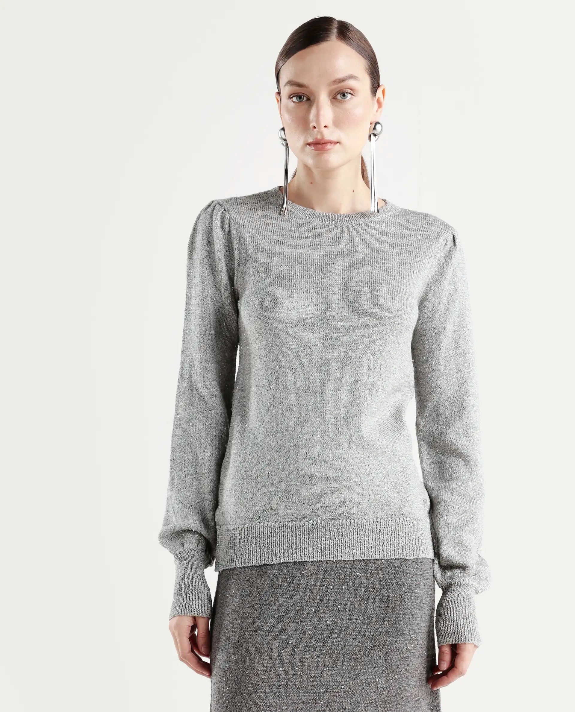 Rareism Women's Adiyaman T Grey Polyester Crew Neck Plain Regular Fit Sweater