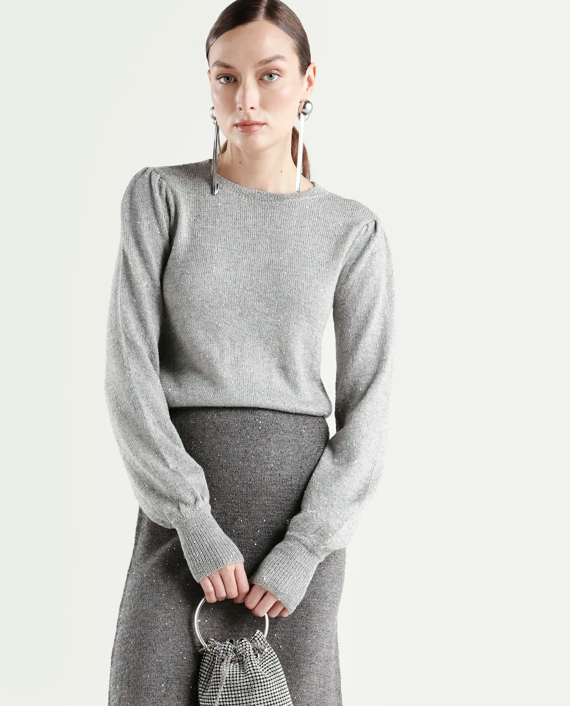 Rareism Women's Adiyaman T Grey Polyester Crew Neck Plain Regular Fit Sweater