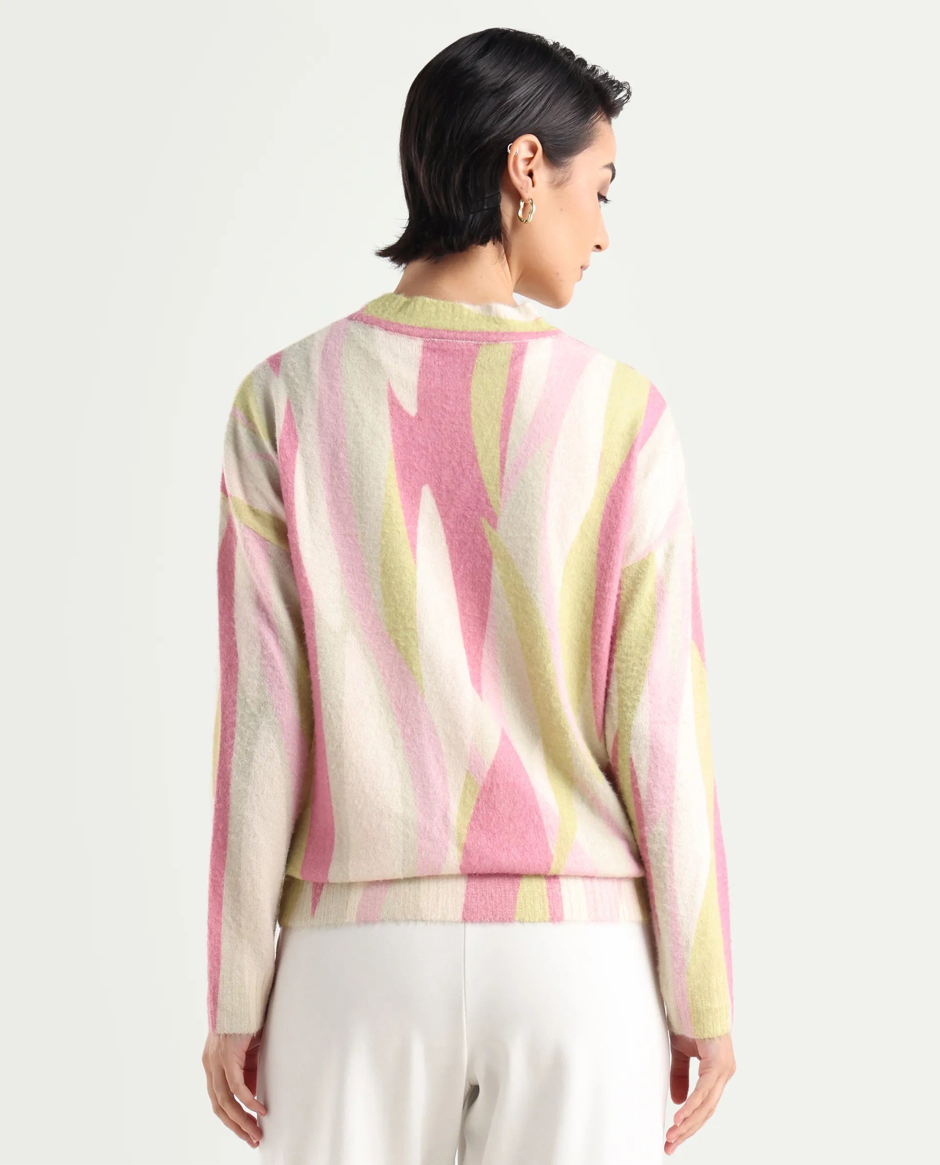 Rareism Women's Jacira Light Multi Acrylic High Neck Abstract Print Relaxed Fit Sweater