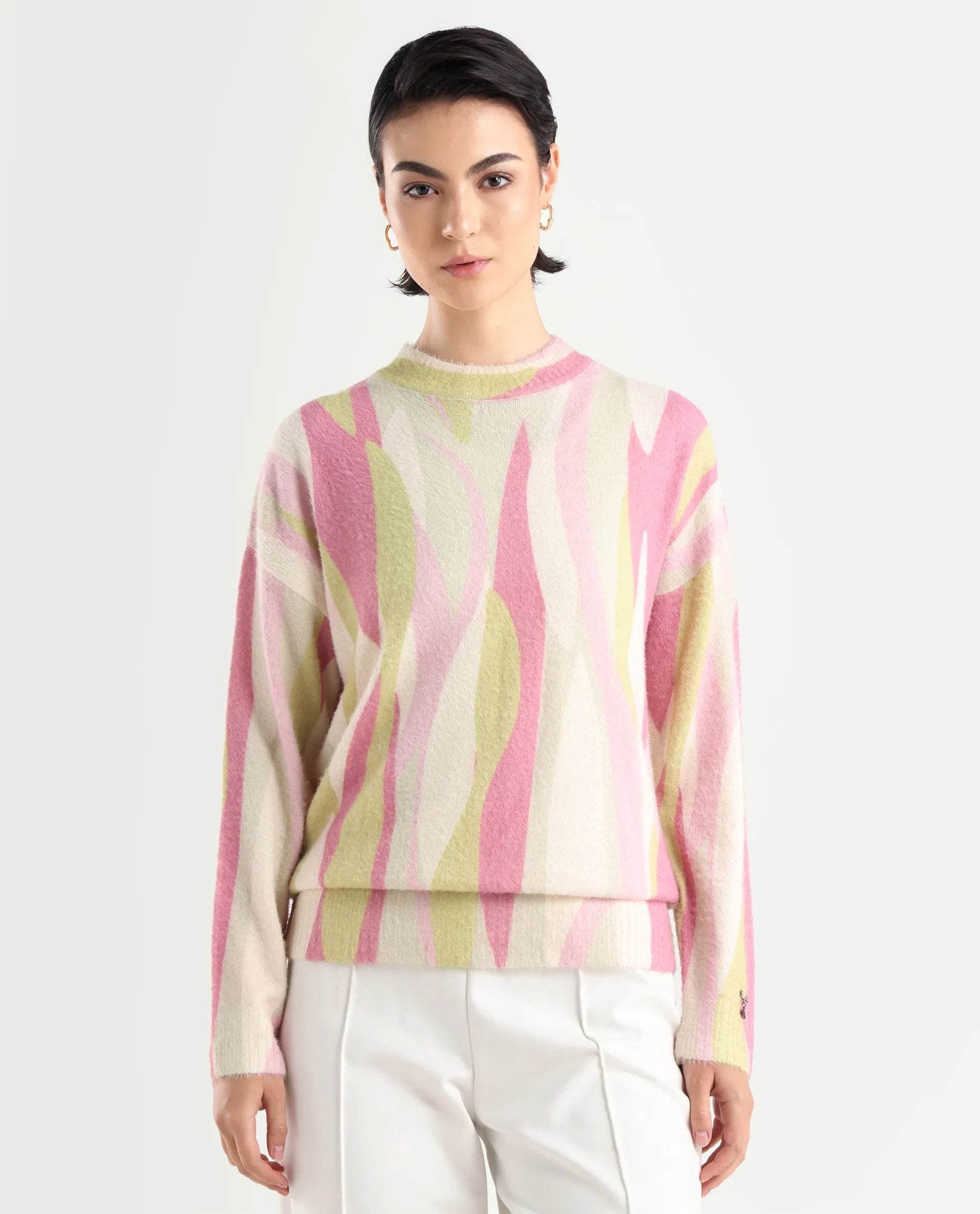 Rareism Women's Jacira Light Multi Acrylic High Neck Abstract Print Relaxed Fit Sweater