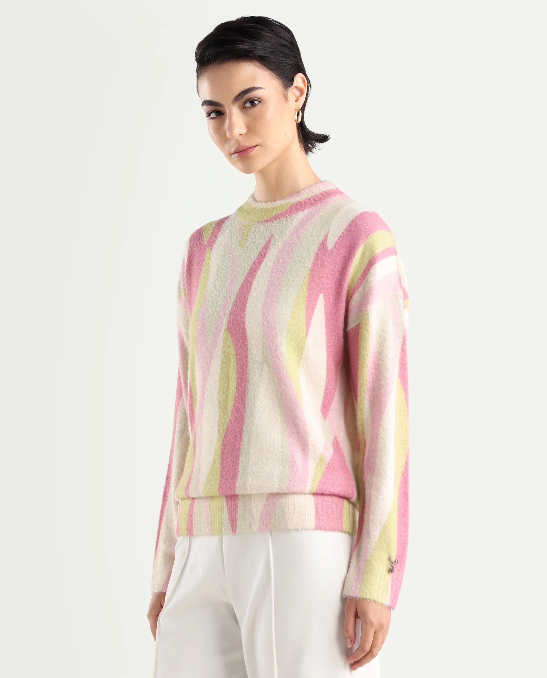 Rareism Women's Jacira Light Multi Acrylic High Neck Abstract Print Relaxed Fit Sweater