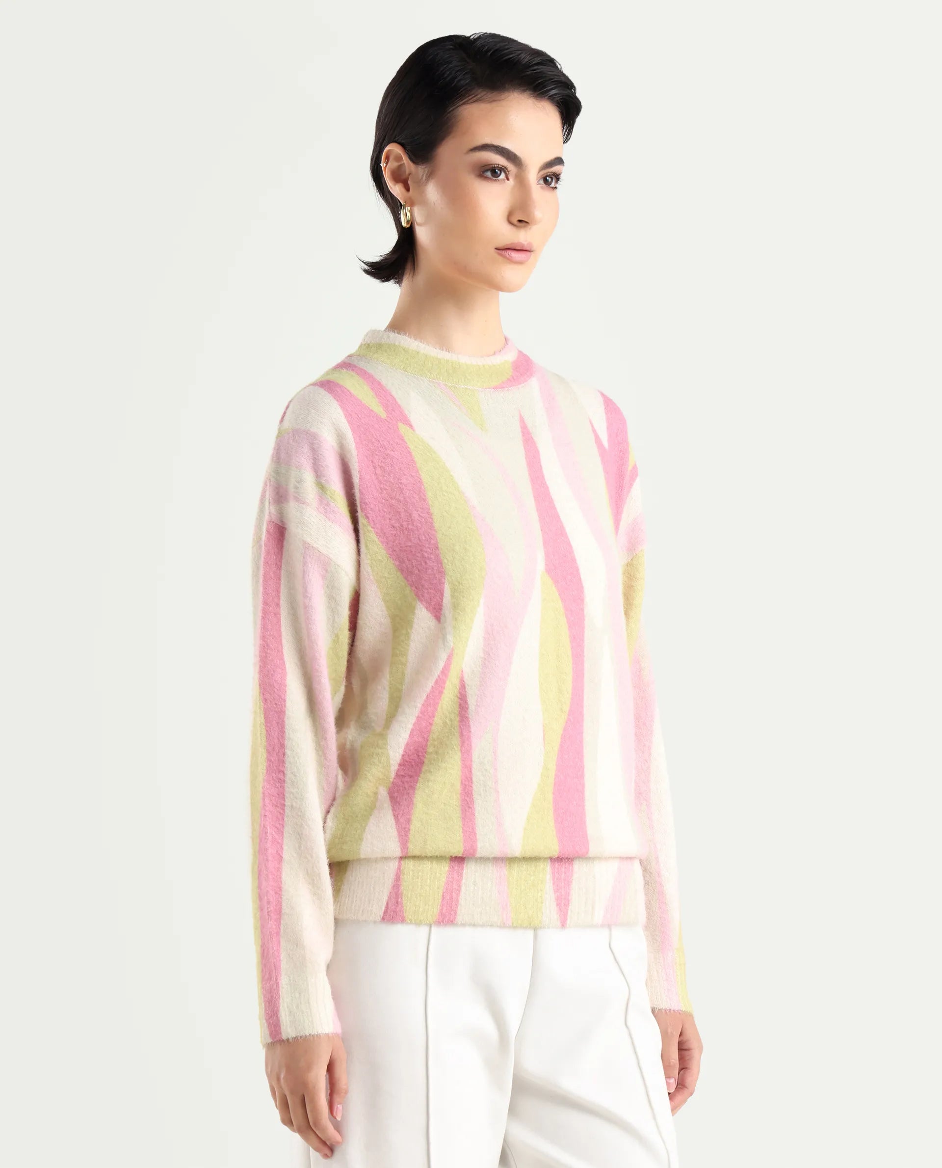 Rareism Women's Jacira Light Multi Acrylic High Neck Abstract Print Relaxed Fit Sweater
