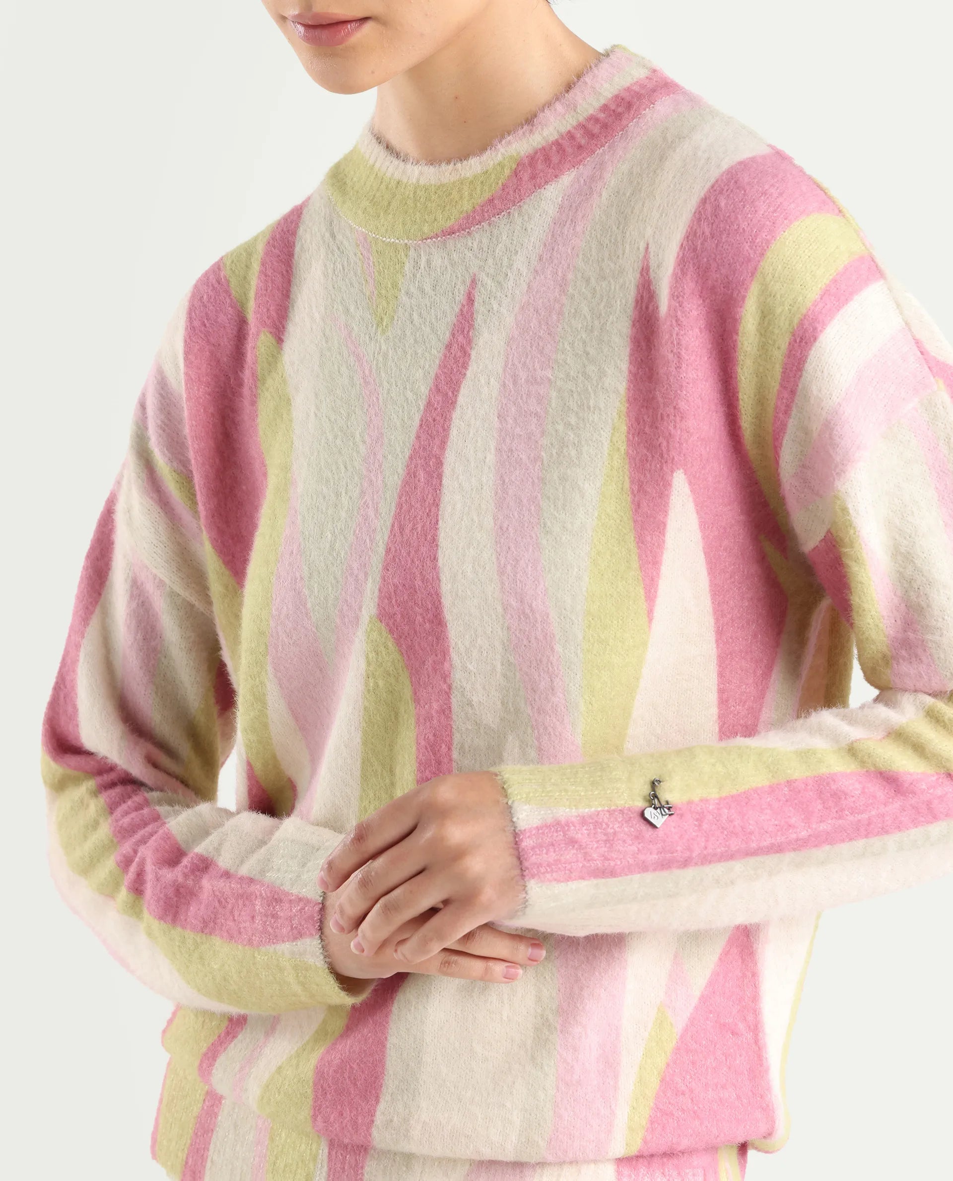 Rareism Women's Jacira Light Multi Acrylic High Neck Abstract Print Relaxed Fit Sweater