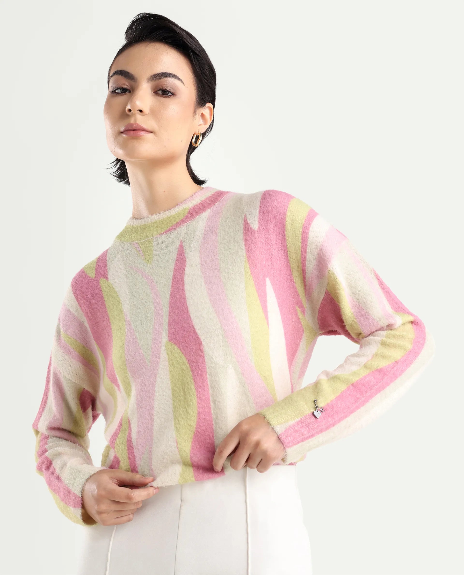 Rareism Women's Jacira Light Multi Acrylic High Neck Abstract Print Relaxed Fit Sweater
