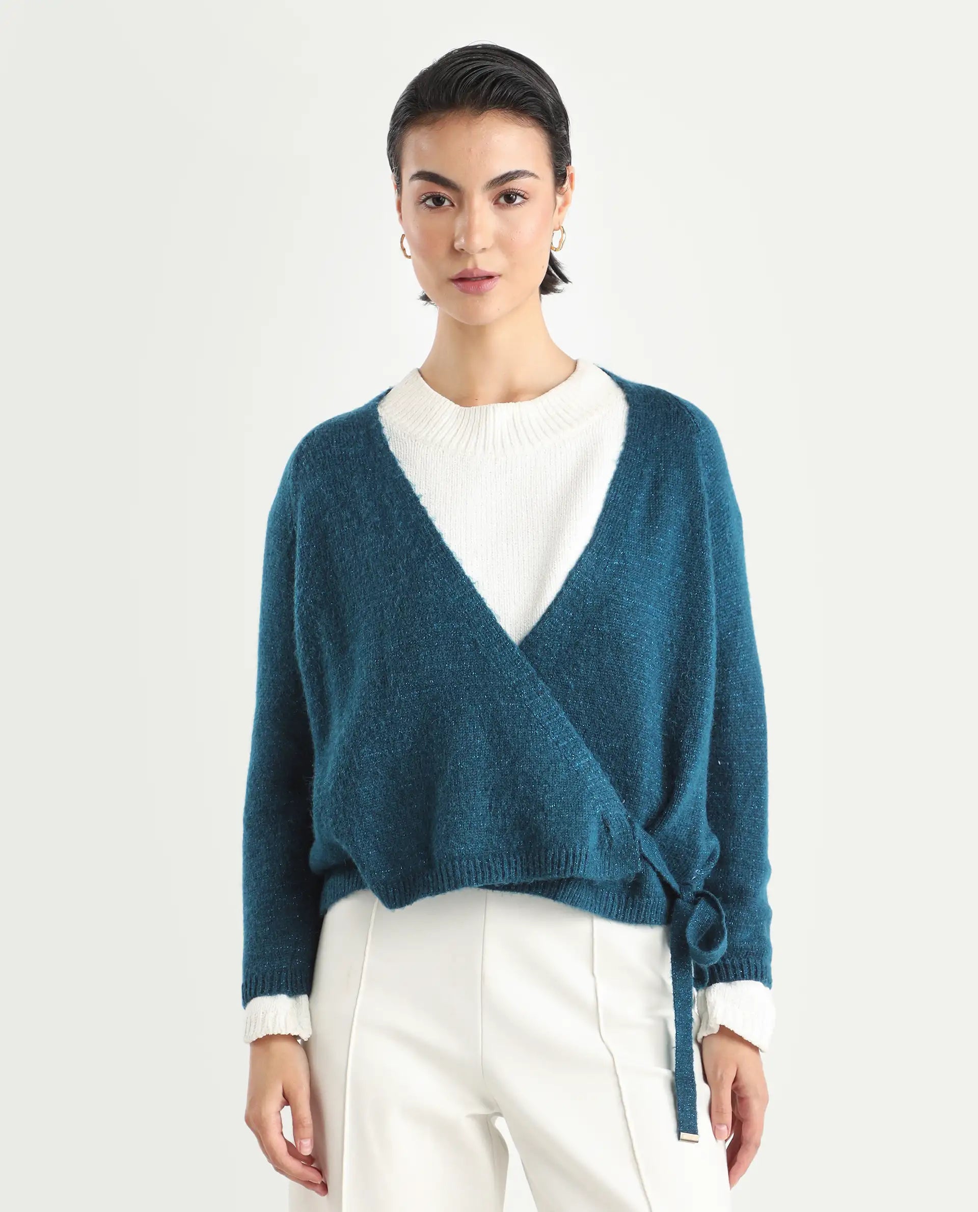 Rareism Women's Minjin Dark Teal Overlap Neck Plain Relaxed Fit Cardigan