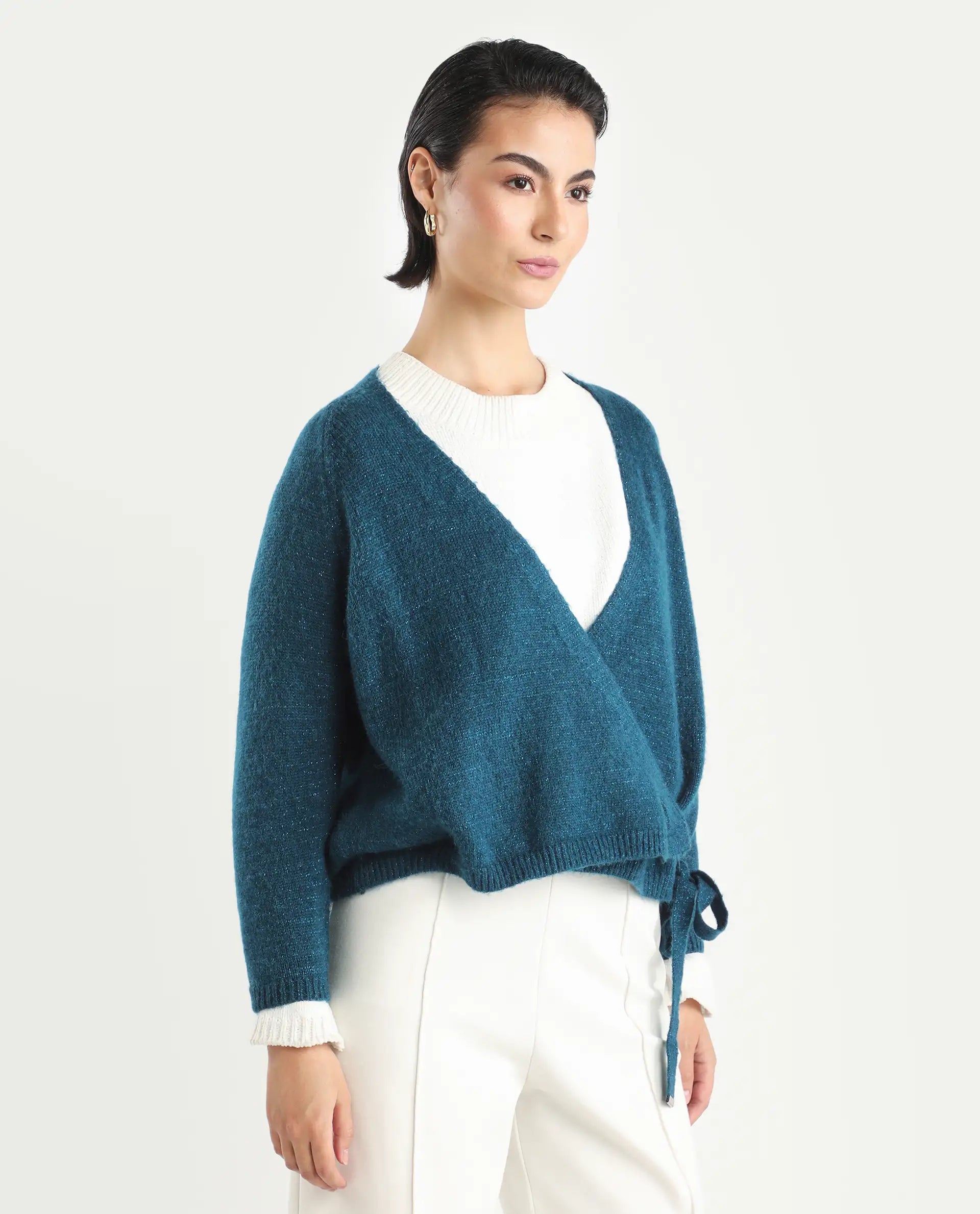 Rareism Women's Minjin Dark Teal Overlap Neck Plain Relaxed Fit Cardigan