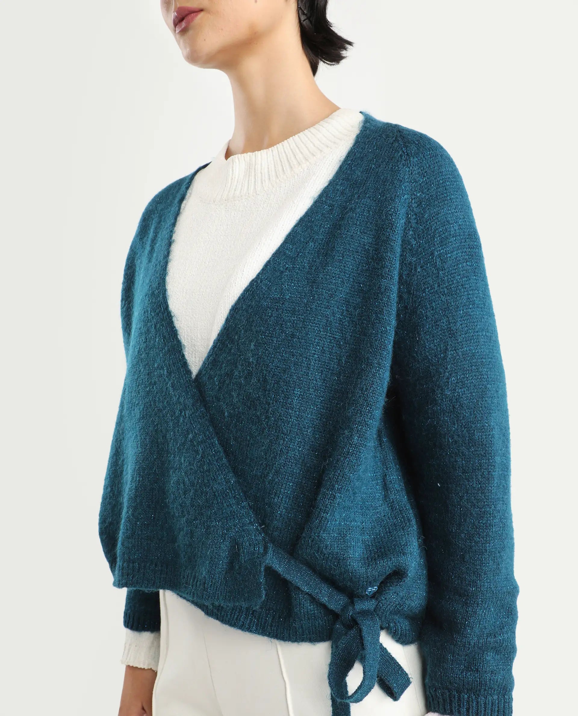 Rareism Women's Minjin Dark Teal Overlap Neck Plain Relaxed Fit Cardigan