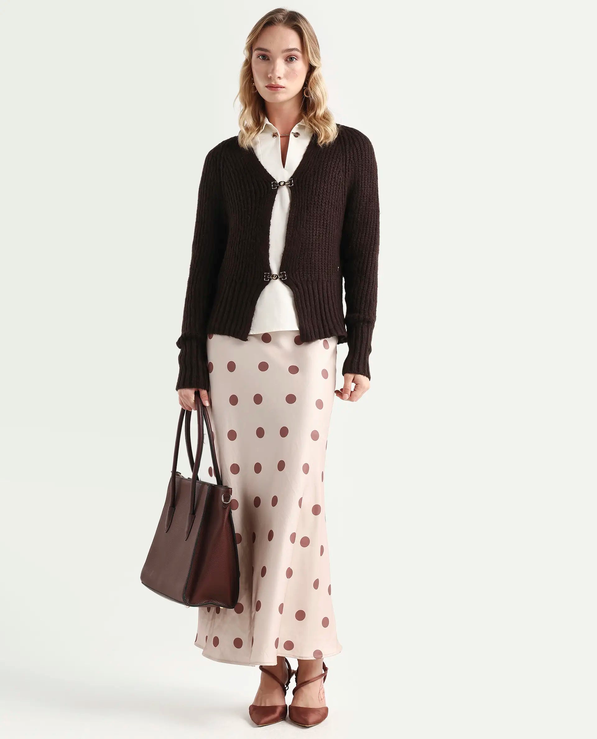 Rareism Women's Okali Brown V-Neck Plain Regular Fit Cardigan