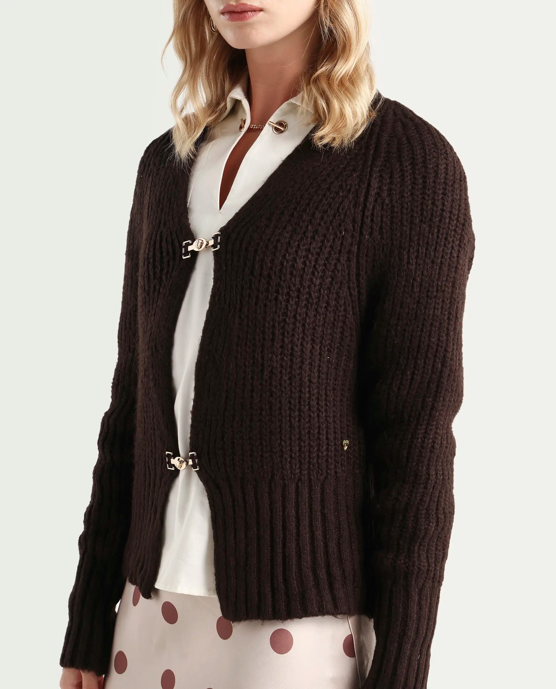 Rareism Women's Okali Brown V-Neck Plain Regular Fit Cardigan