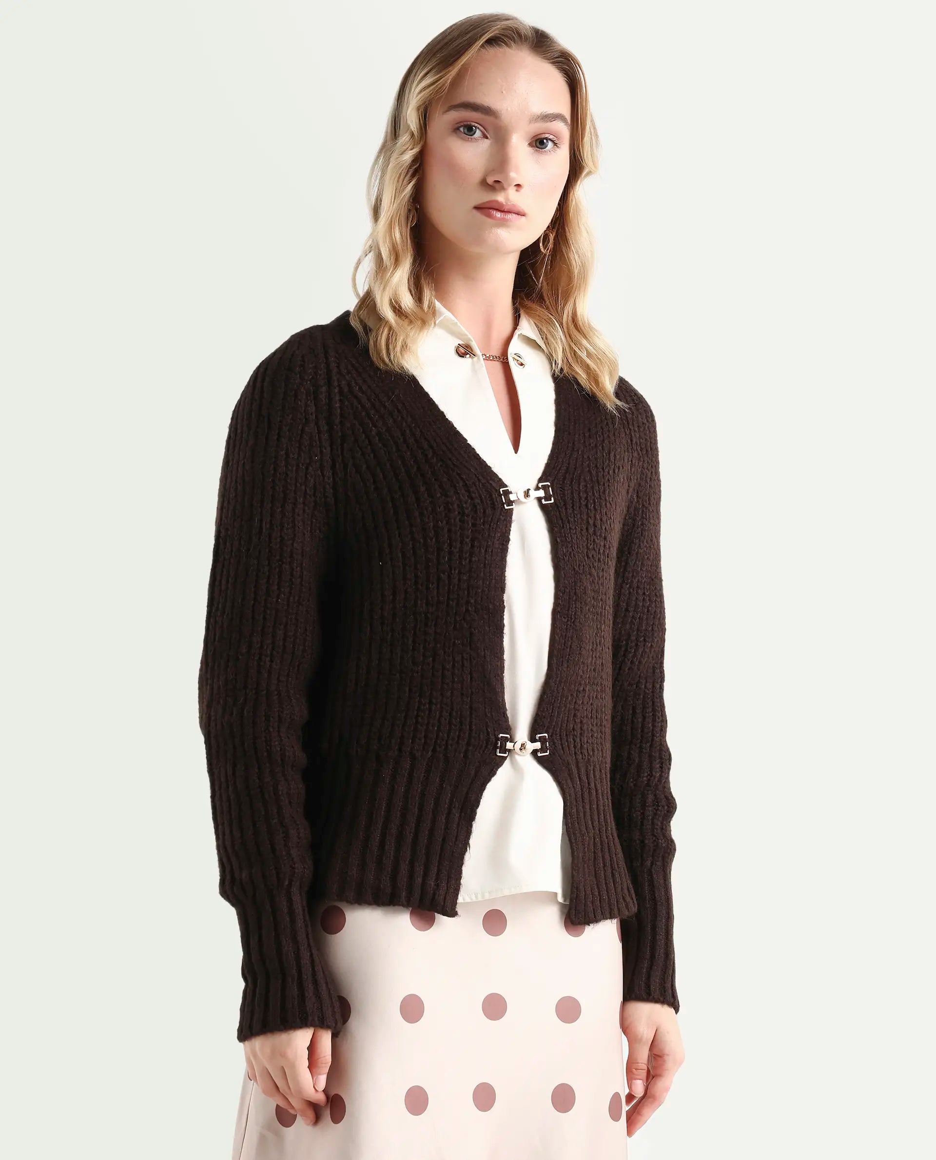 Rareism Women's Okali Brown V-Neck Plain Regular Fit Cardigan
